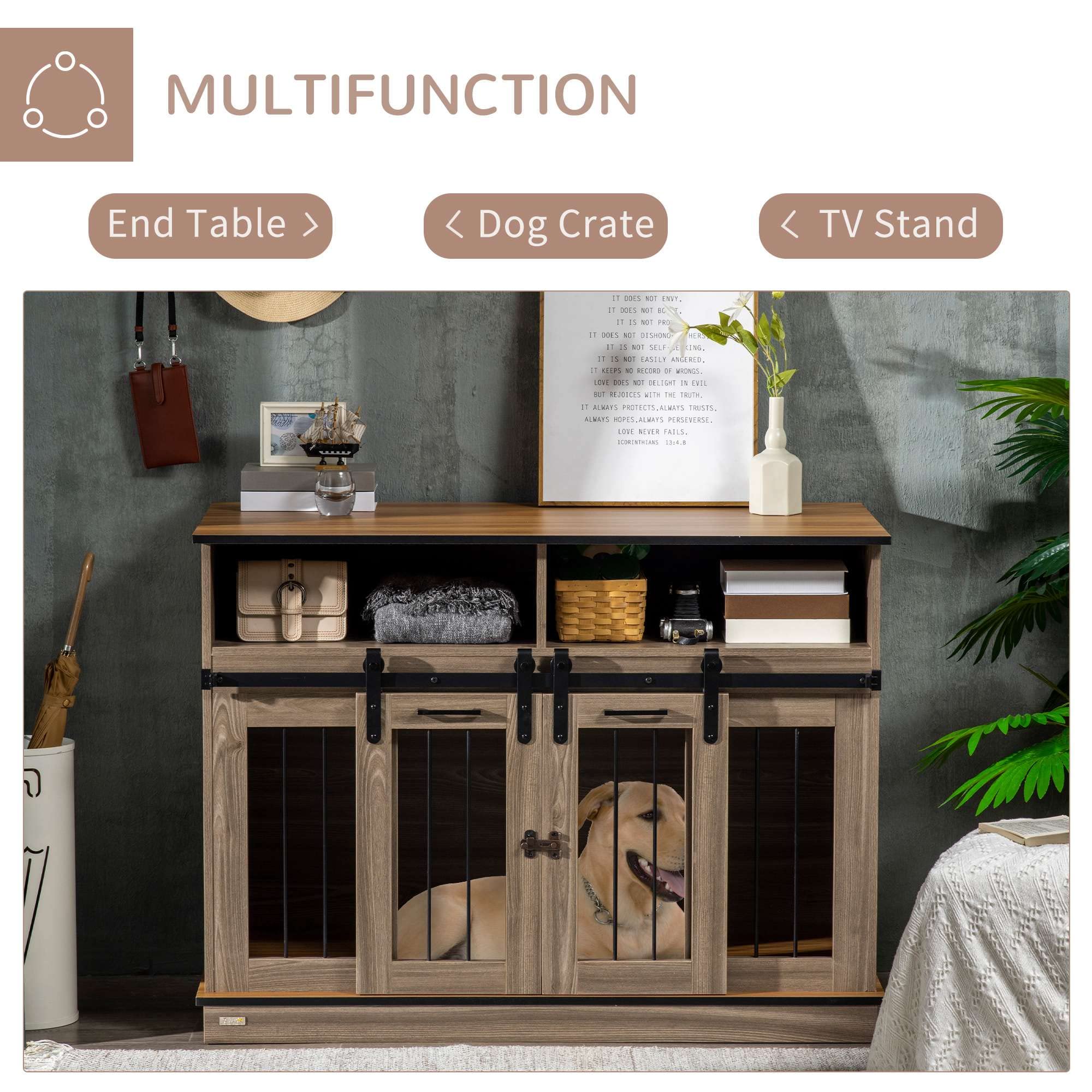 PawHut Dog Crate Furniture for Large Dogs or Double Dog Kennel for Small Dogs with Shelves, Sliding Doors, 47 x 23.5 x 35, Oak
