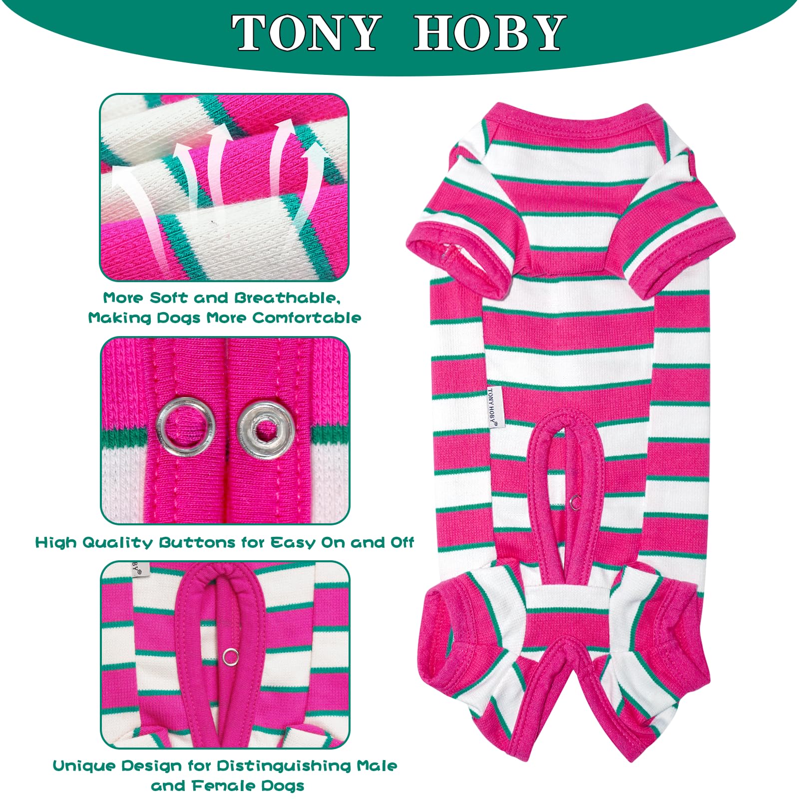 Tony Hoby Male Dog Pajamas, Dog Pajamas Jumpsuit, Rose Red & White, Boy, L