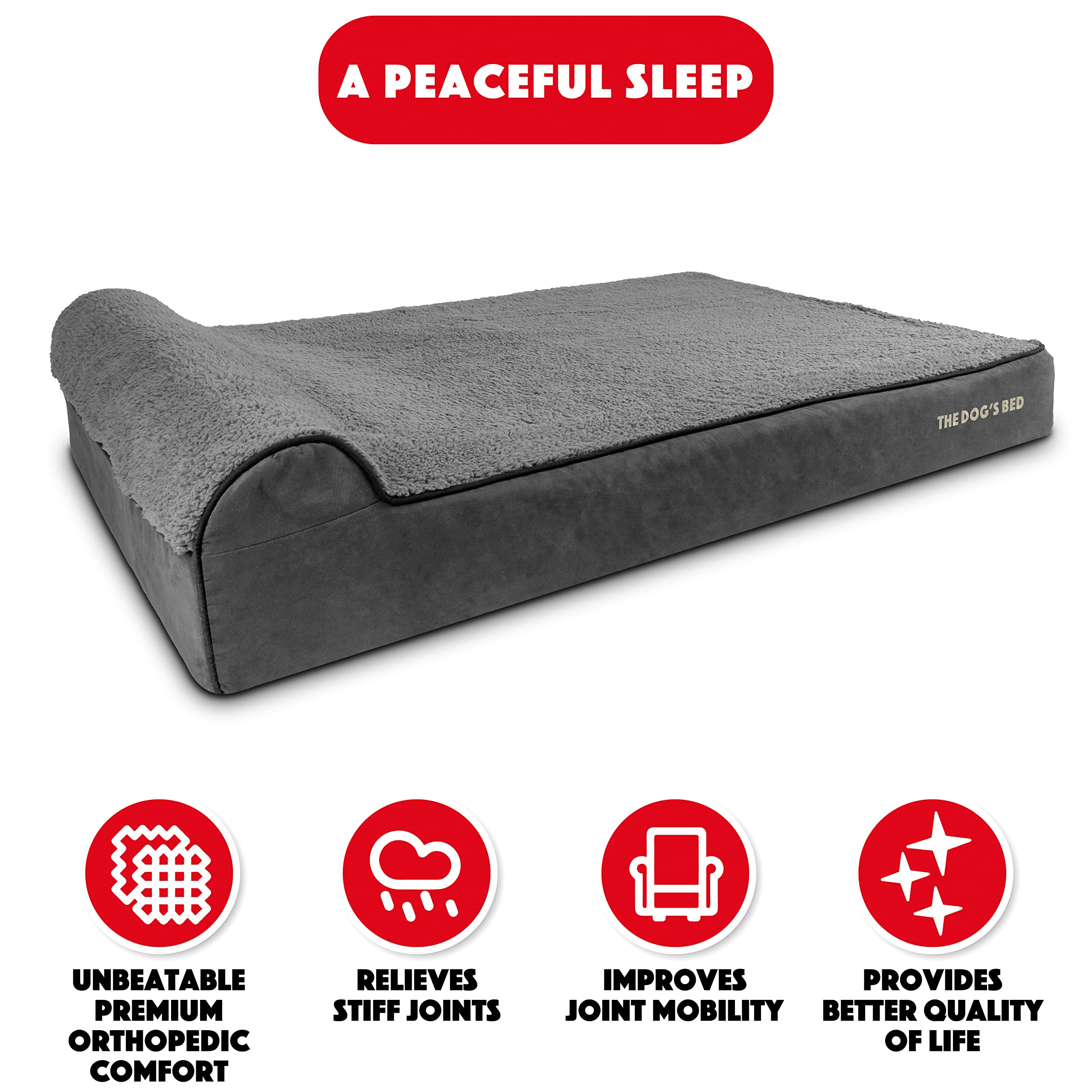 The Dogs Bed Orthopedic Headrest Dog Bed XXL Grey Plush 54x36, Memory Foam, Pain Relief for Arthritis, Hip & Elbow Dysplasia, Po