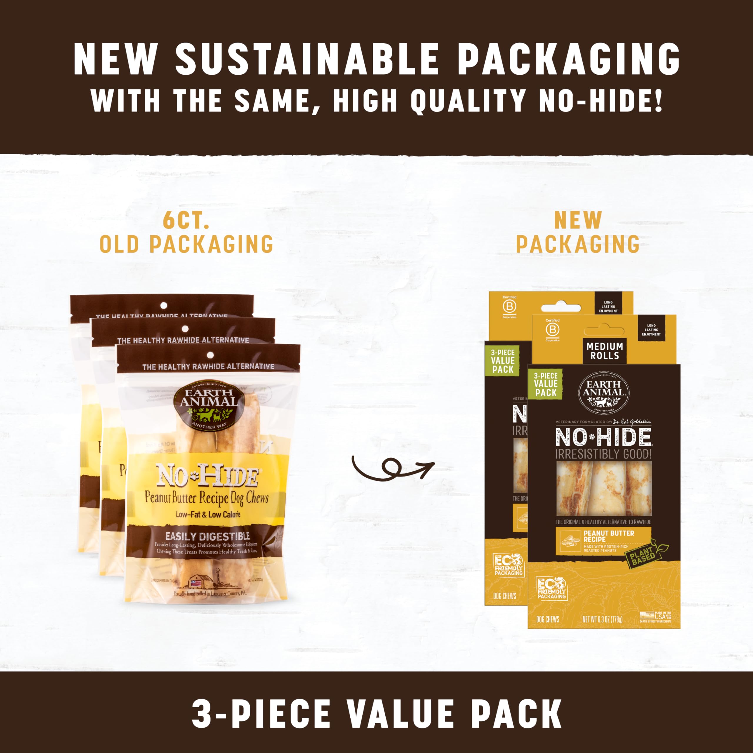 Earth Animal No Hide Chews - Long Lasting Rawhide Free Medium Dog Chews Rolls, Peanut Butter - 3 Count Value Pack