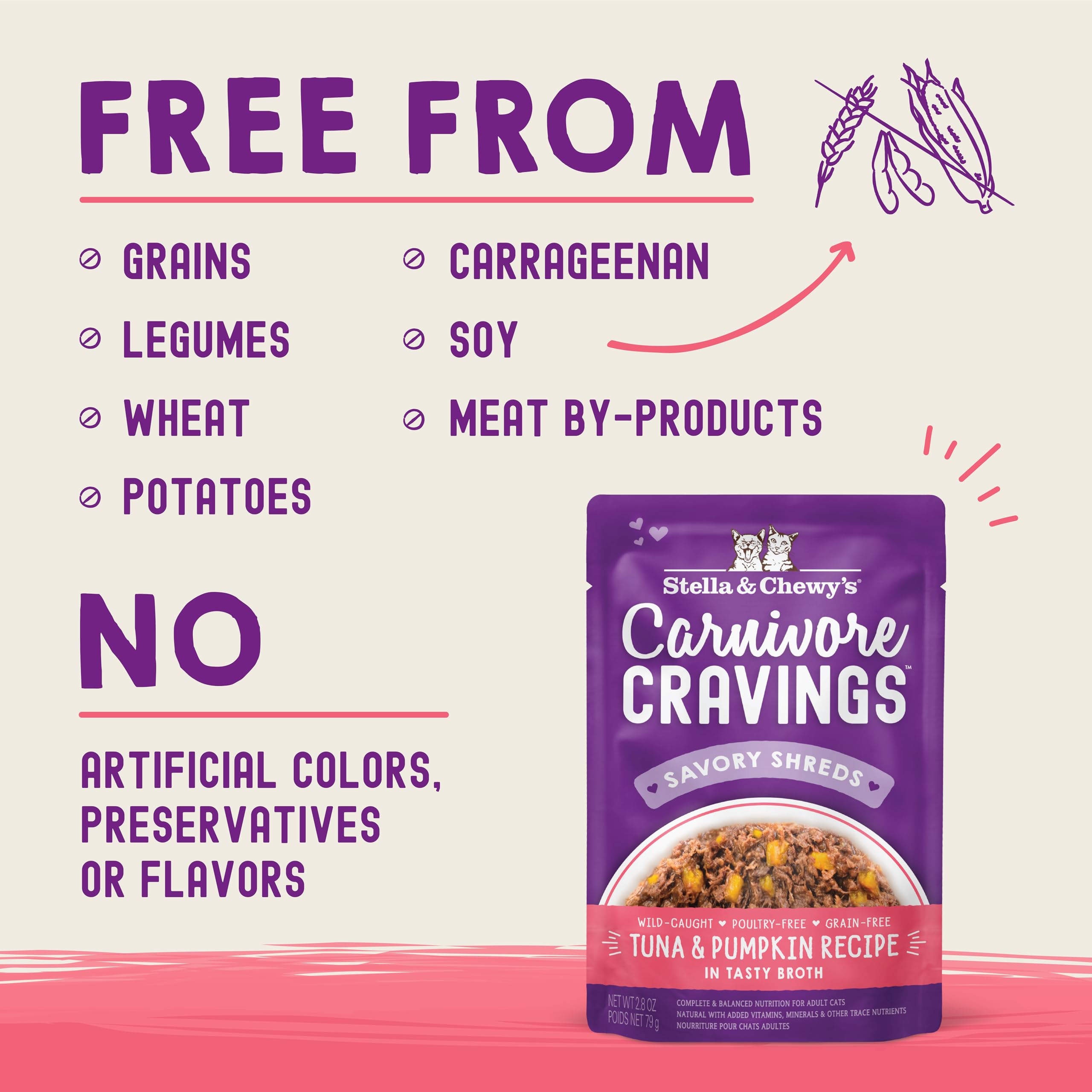 Stella & Chewys Carnivore Cravings Wet Cat Food - Premium Pouches - Grain Free, High Protein Tuna & Pumpkin - Perfect For Picky