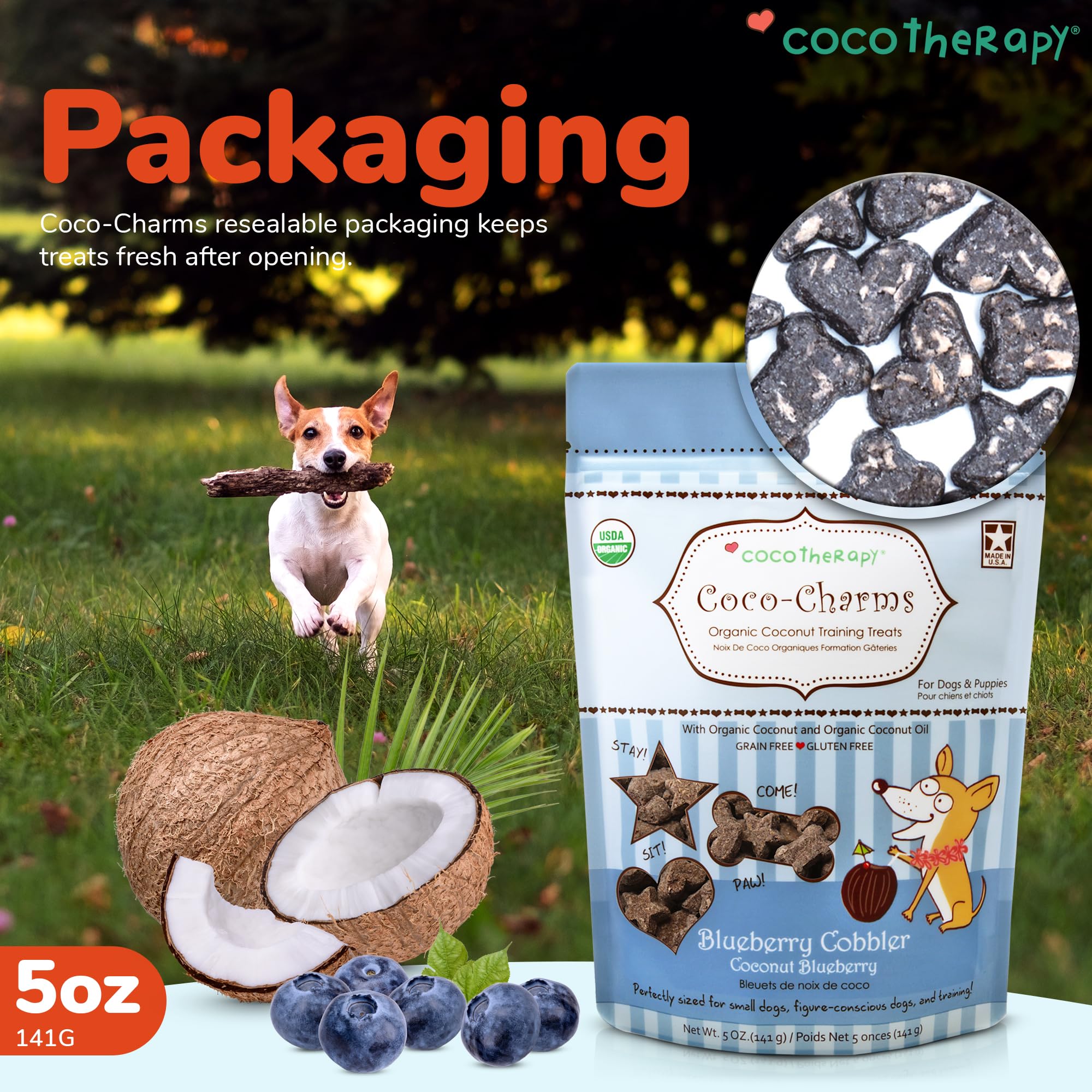 Cocotherapy Coco-Charms Blueberry Cobbler - Organic Dog Treats, All Natural, Vegan Training Treat for Dogs with Organic Coconut