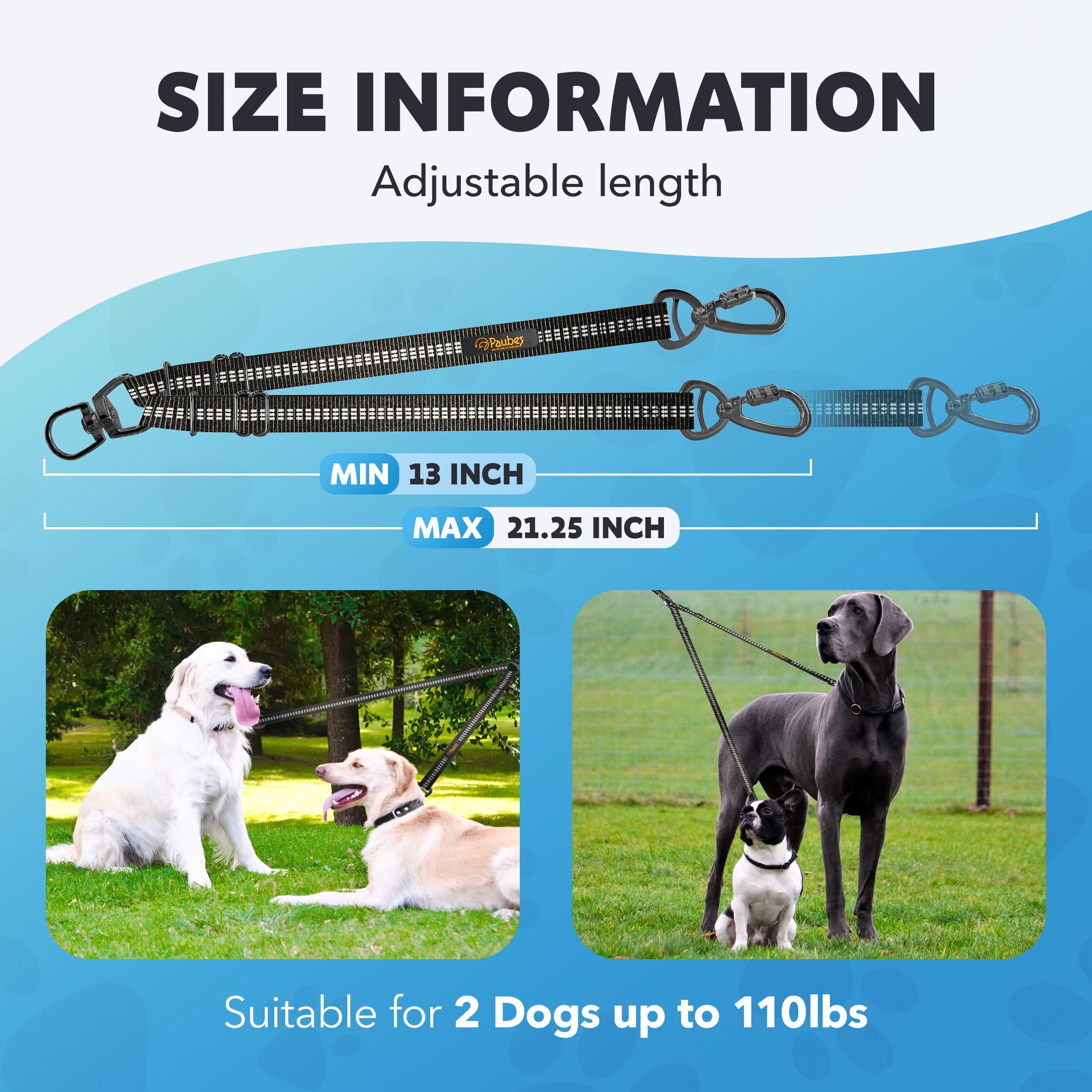 Double Dog Leash - Adjustable Length Long Leash For Dog Training - Dual Reflective Dog Leash With Non-Tangle Design - Heavy Duty