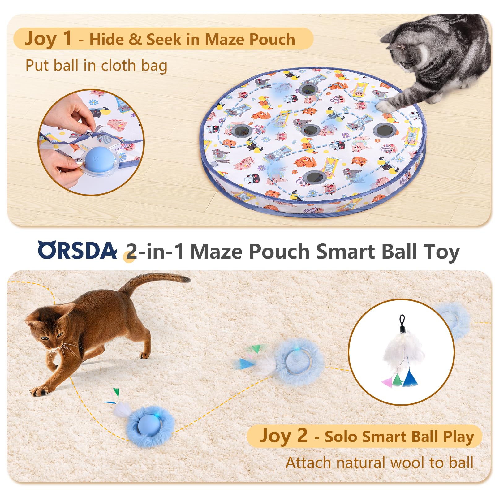 Orsda Interactive Cat Toys Ball, Automatic Fast Rolling Ball In Pouch, Hide And Seek For Indoor Cats, Motion Chirping Activated