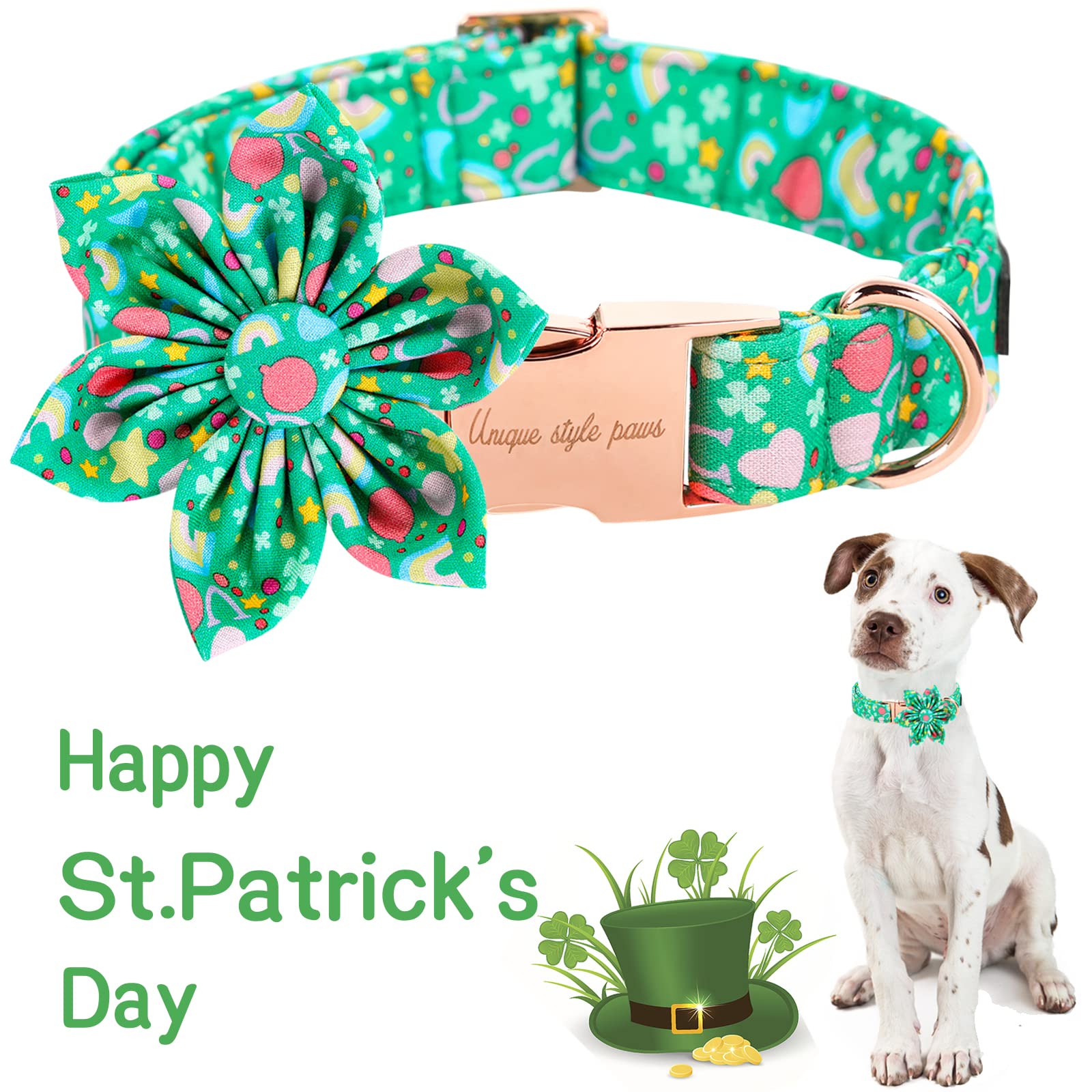 Unique Style Paws St. Patrick'S Day Dog Collar With Flower Tie Rainbow Clover Heart Puppy Collar For Small Medium Large Boys Girls-L