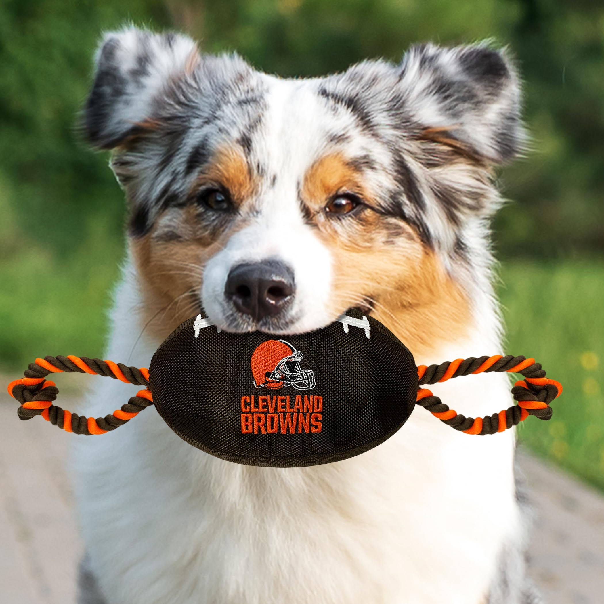 Pets First NFL Cleveland Browns Football Dog Toy, Tough Quality Nylon Materials, Strong Pull Ropes, Inner Squeaker, NFL Team Col