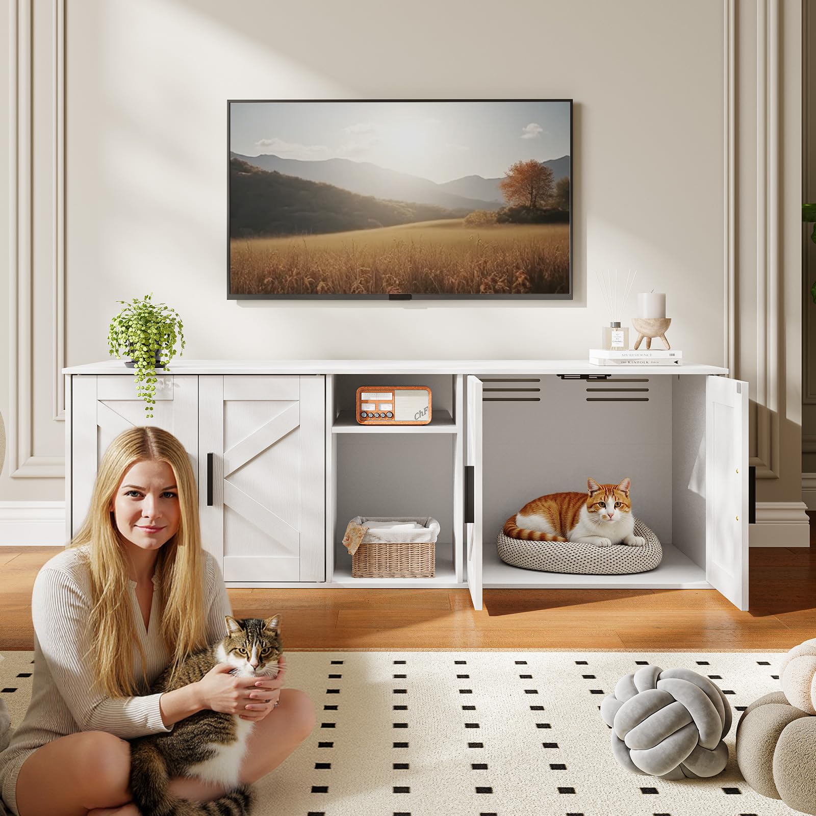 Hoobro 58.3'' Cat Litter Box Enclosure, Litter Box Furniture For 2 Cats, Cat House With Corridor, Tv Stand With Storage, Double