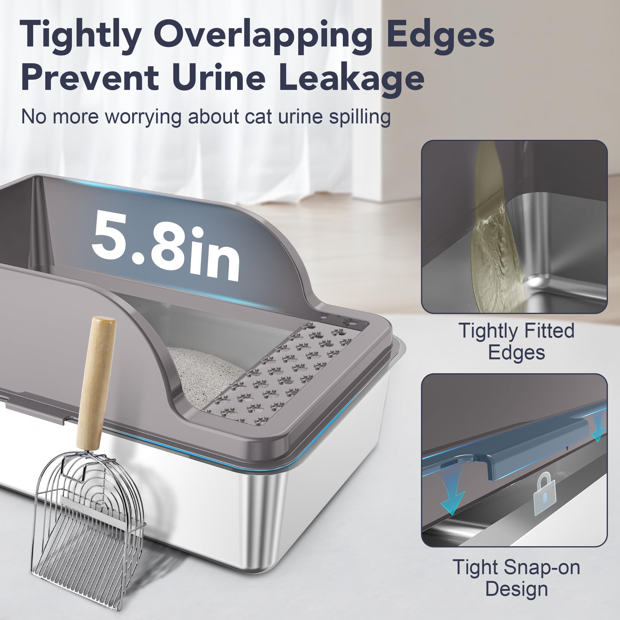 Upsky Stainless Steel Cat Litter Box With Lid, Xl Large Metal Litter Box For Large Breeds, Enclosed Kitty Litter Pan With High S