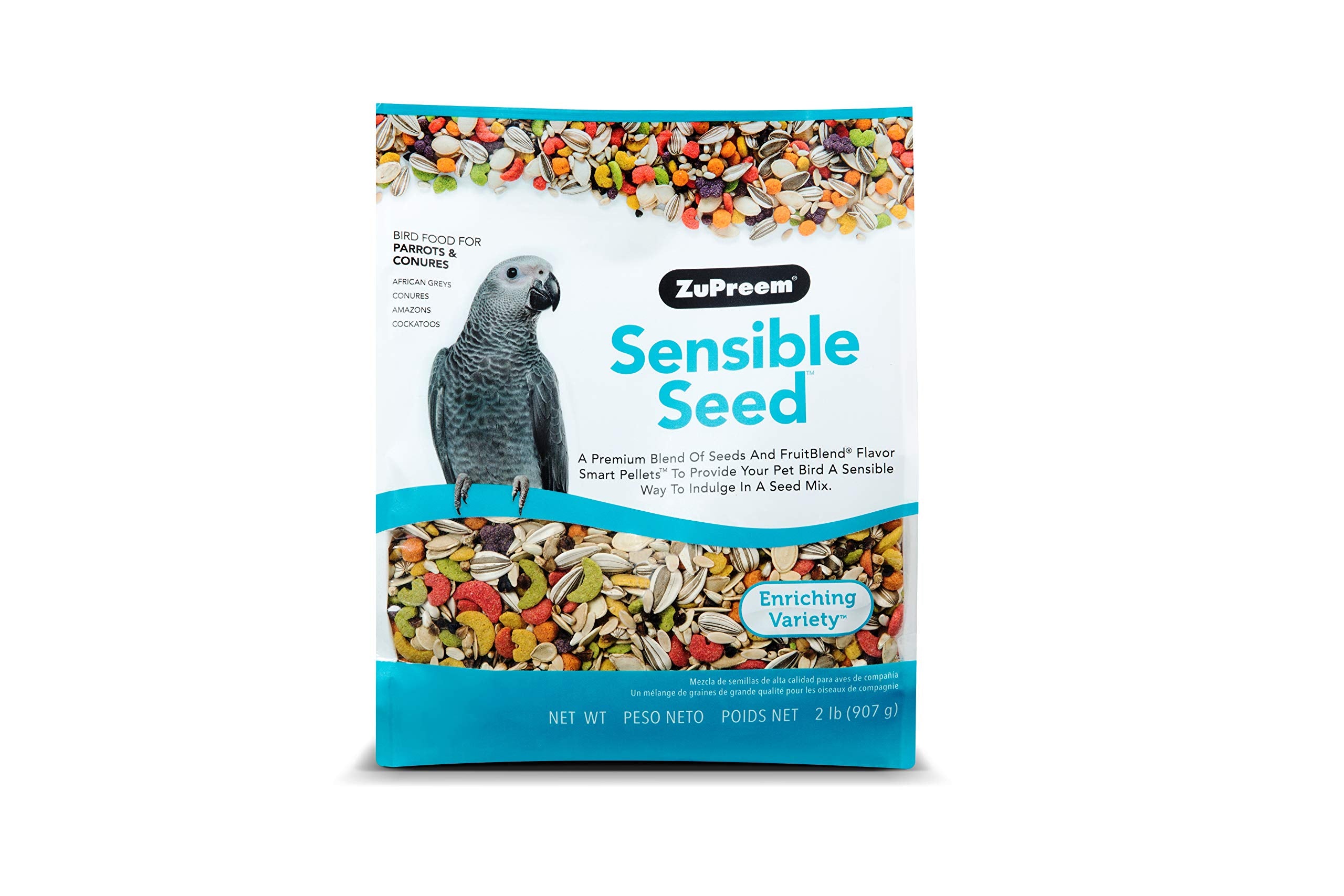 ZuPreem Sensible Seed Bird Food for Parrots and Conures, 2 lb bag (2-pack) - Premium Blend of Seeds and FruitBlend Pellets for C