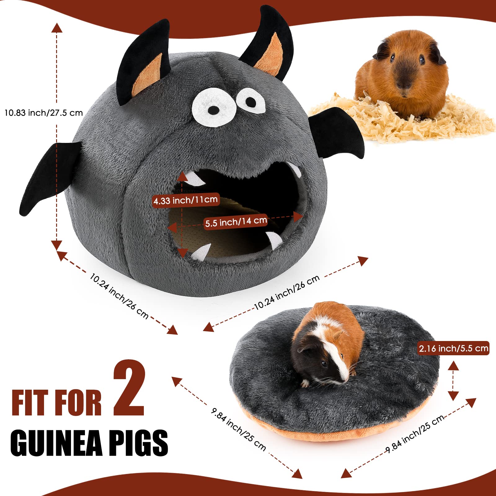 Oneju Guinea Pig Bed, Guinea Pig Hideout, Rabbit Bed, Bunny Hideout, Guinea Pig Cage Accessories For Guinea Pig, Small Bunny, Hamster, Chinchilla, Small Rabbit And Other Small Pets - Bat Shape