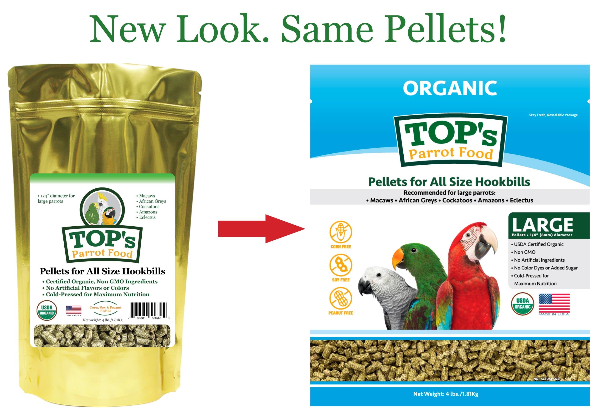 TOPs Parrot Food Pellets Hookbills, Small, Medium and Large Parrots - Non-GMO, Peanut Soy & Corn Free, USDA Organic Certified -