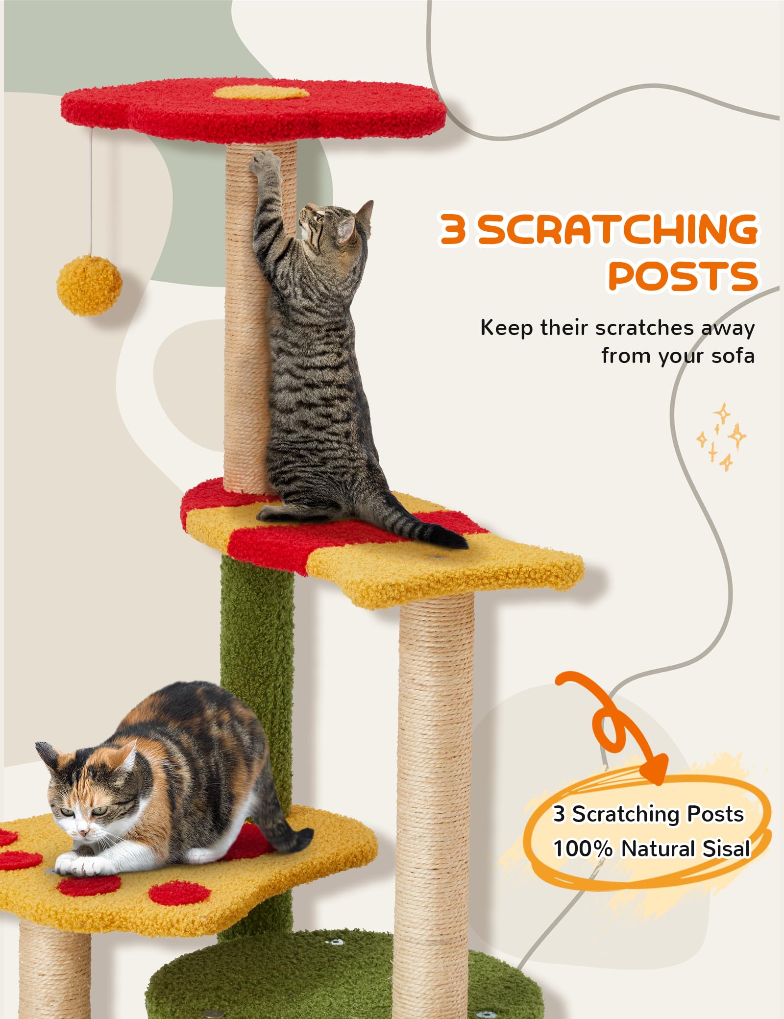 Flower Cat Tree 37In Cute Cat Tree Tower For Indoor Cats With 3 Sisal Covered Scratching Posts, Cozy Tower Condo, Padded Top Per
