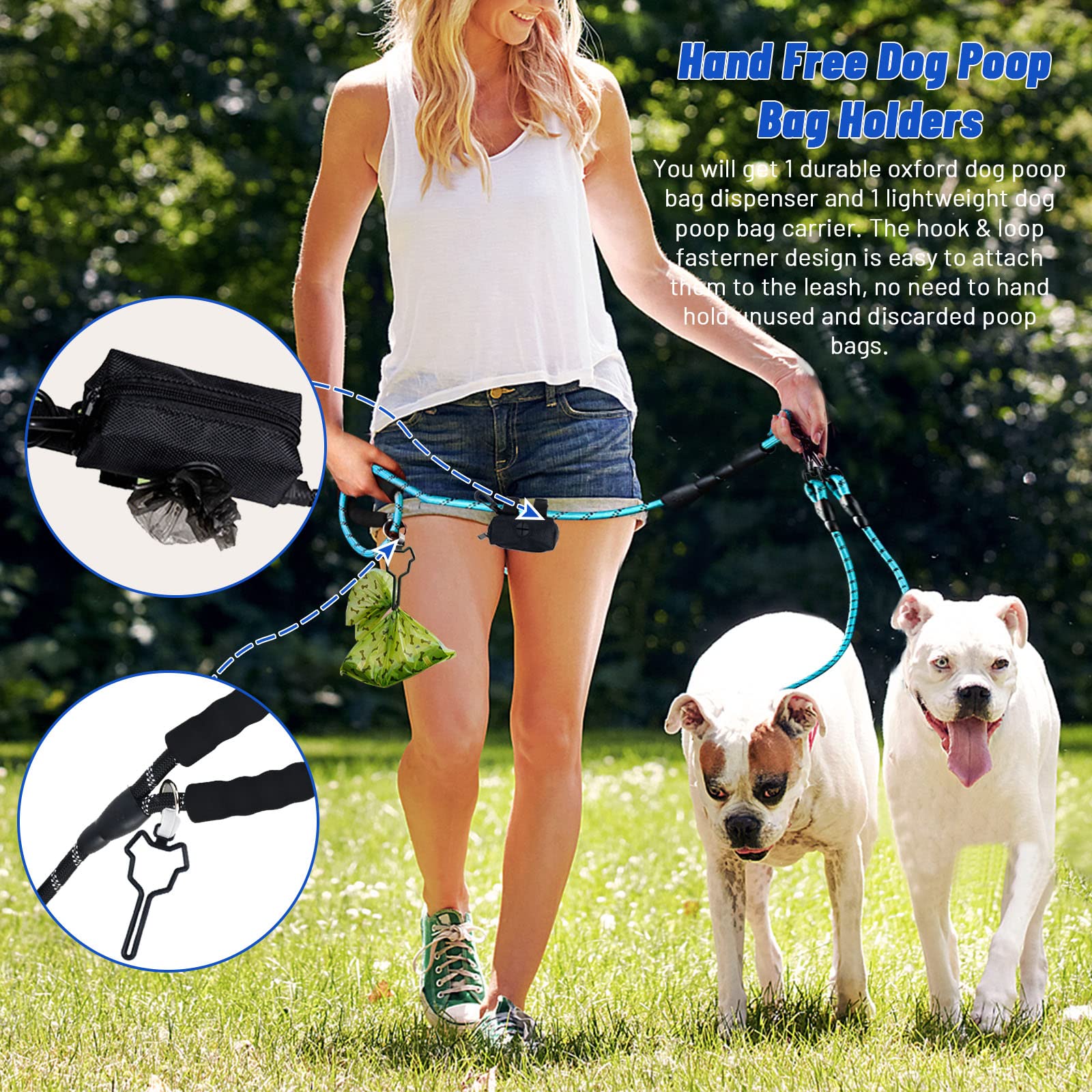 Lele Life Double Dog Leash For Two Dogs, Heavy Duty Reflective Double Leashes For 2 Dogs, 360° Swivel Dual Dog Leash Tangle Free Large Dogs & Medium Dogs, With 2Pcs Dog Poop Bag Holder, Blue