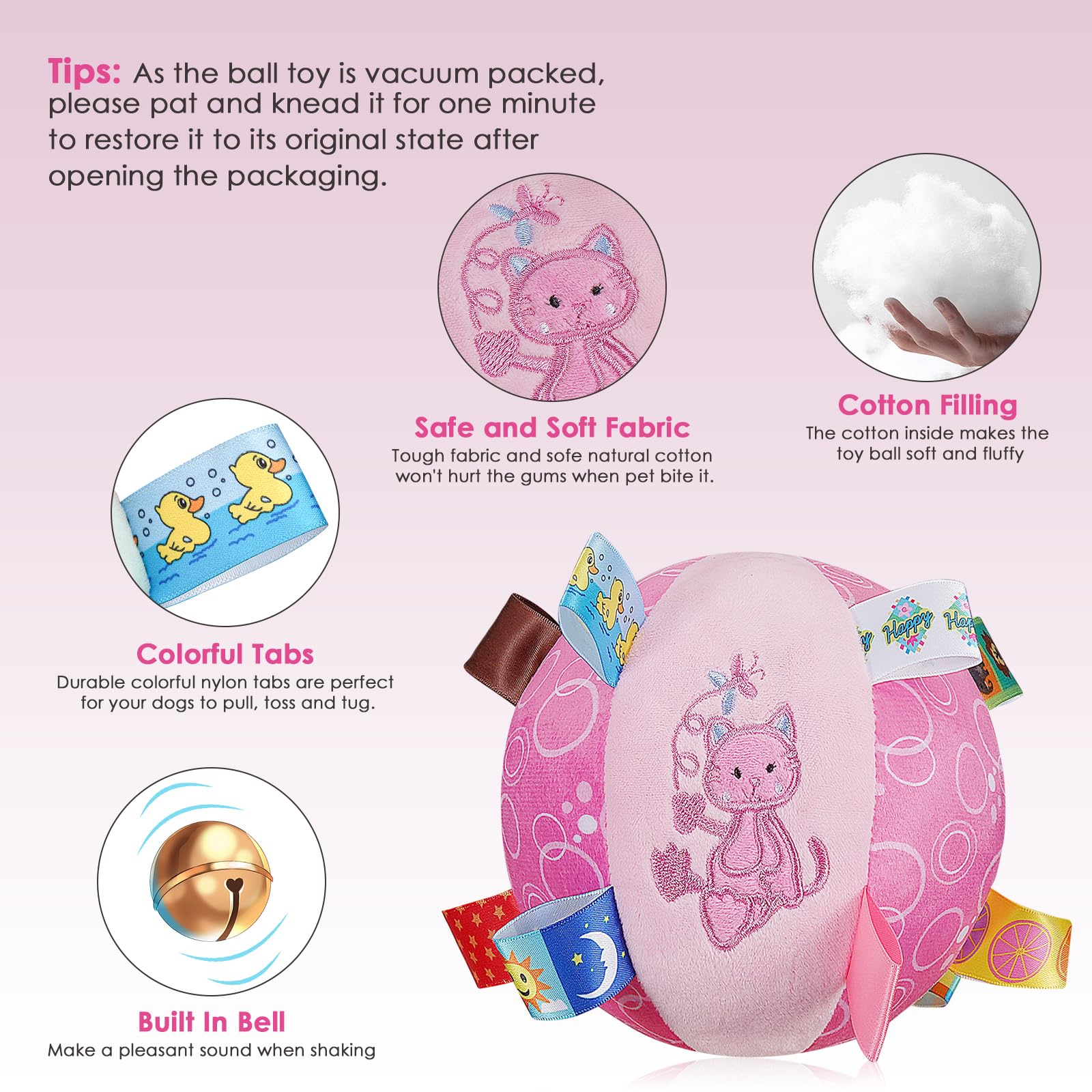 Letalong Dog Squeaky Plush Plush Toy with Straps, 6-Inch Soft Stuffed Ball with Cotton Material and Bell Built-in, Pet Interacti