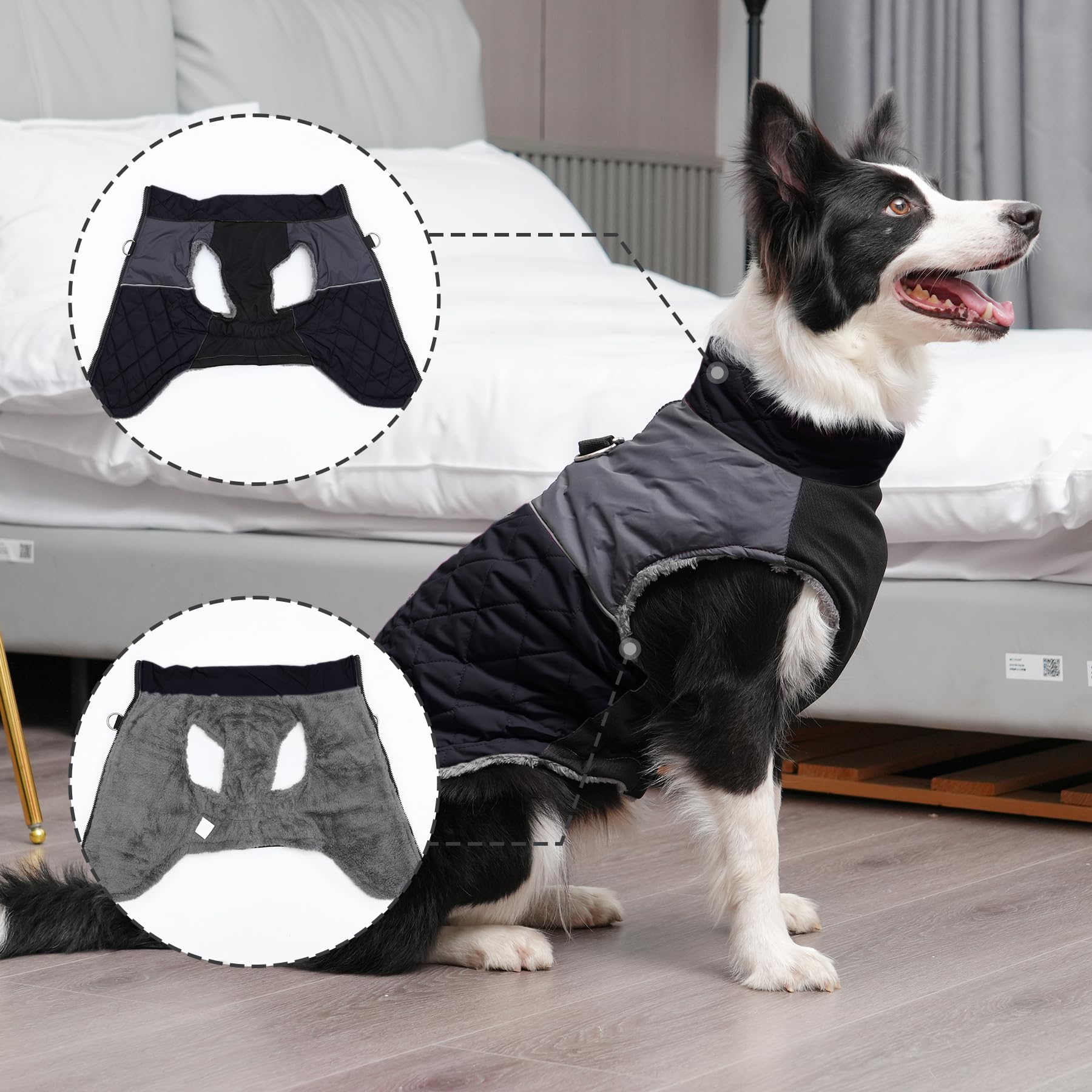 Joydaog Warm Fleece Dog Coats For Large Dogs,D-Rings Waterproof Puppy Jacket For Cold Winter,Black Xxl