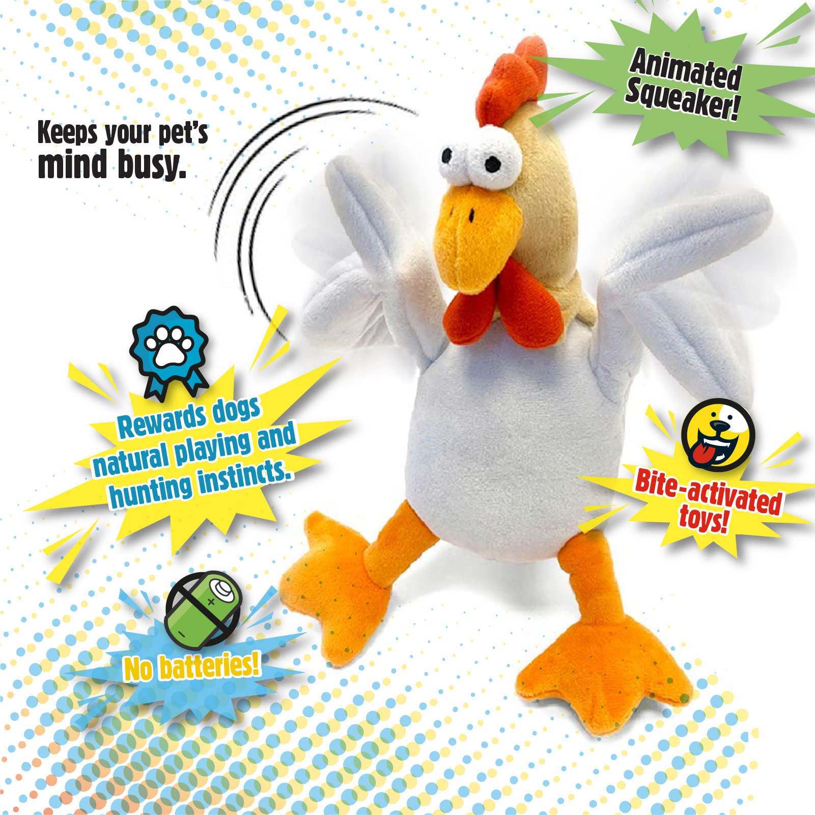 Godog Action Plush Chicken Animated Squeaky Dog Toy, Chew Guard Technology - White, One Size