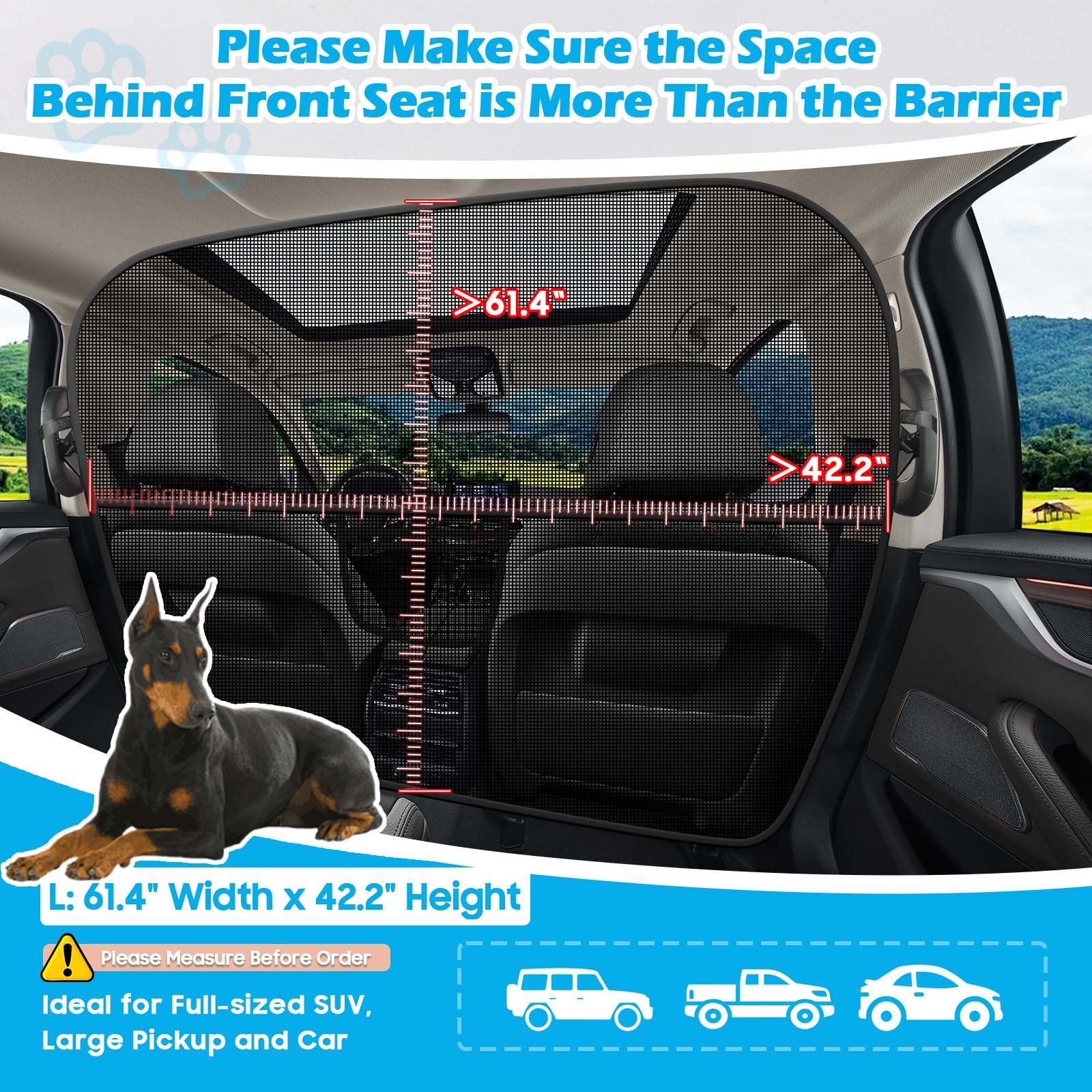 Automiim Dog Car Barrier Behind Front Seat, 61.4'' Wide Car Pet Barrier One-Piece Design, Dog Car Divider Back Seat Barrier For