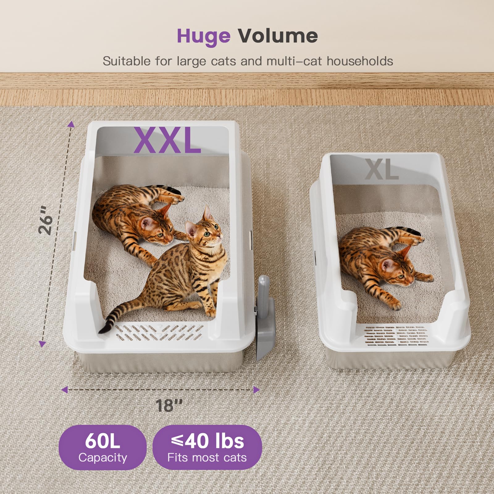 Xxl Stainless Steel Cat Litter Box With High Sided, 26'' L X 18'' W X 12'' H Extra Large Litter Box For Big Cats And Multiple Ca