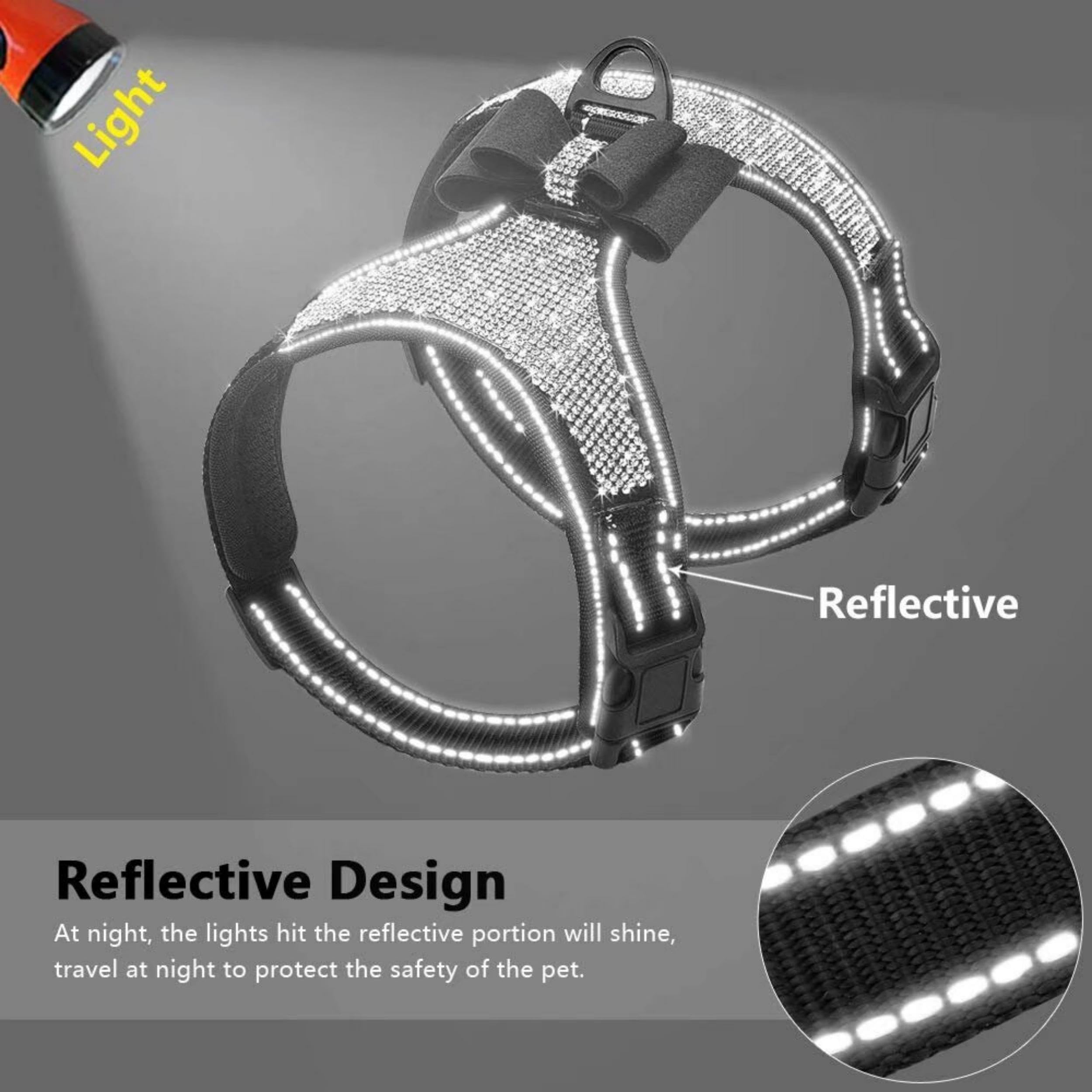Beirui Soft Fleece Padded Dog Harness For Small Medium Dogs - Cute Rhinestone Dog Vest Harness With Sparkly Bow Tie - Reflective