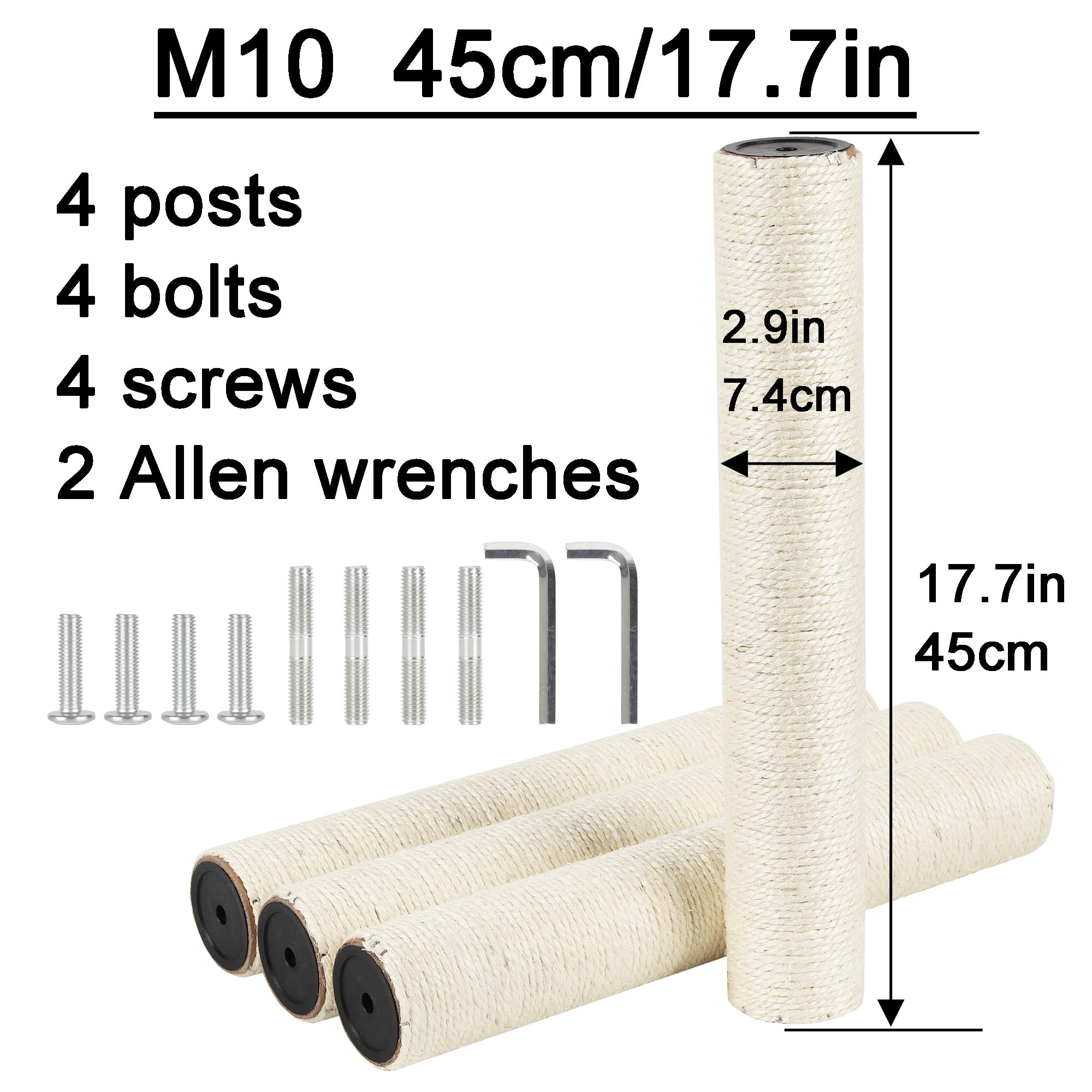 Neumiharo 4 Pcs 2.9In 7.4Cm Diameter Cat Tree Replacement Post Scratching Sisal Pole (M10, 17.7In/45Cm)