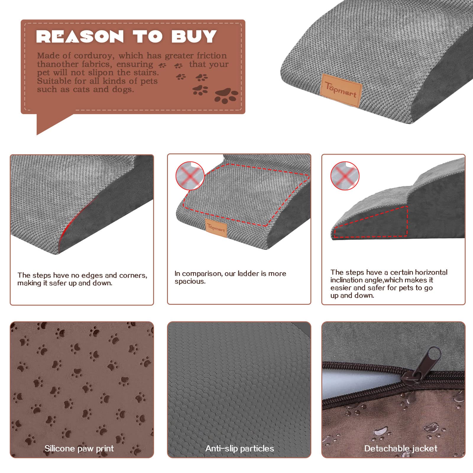 Topmart High Density Extended Foam Dog Ramp&Steps 3 Tiers,15.7'' High,Non-Slip Dog Stairs With Waterproof Cover,Soft Foam Pet La