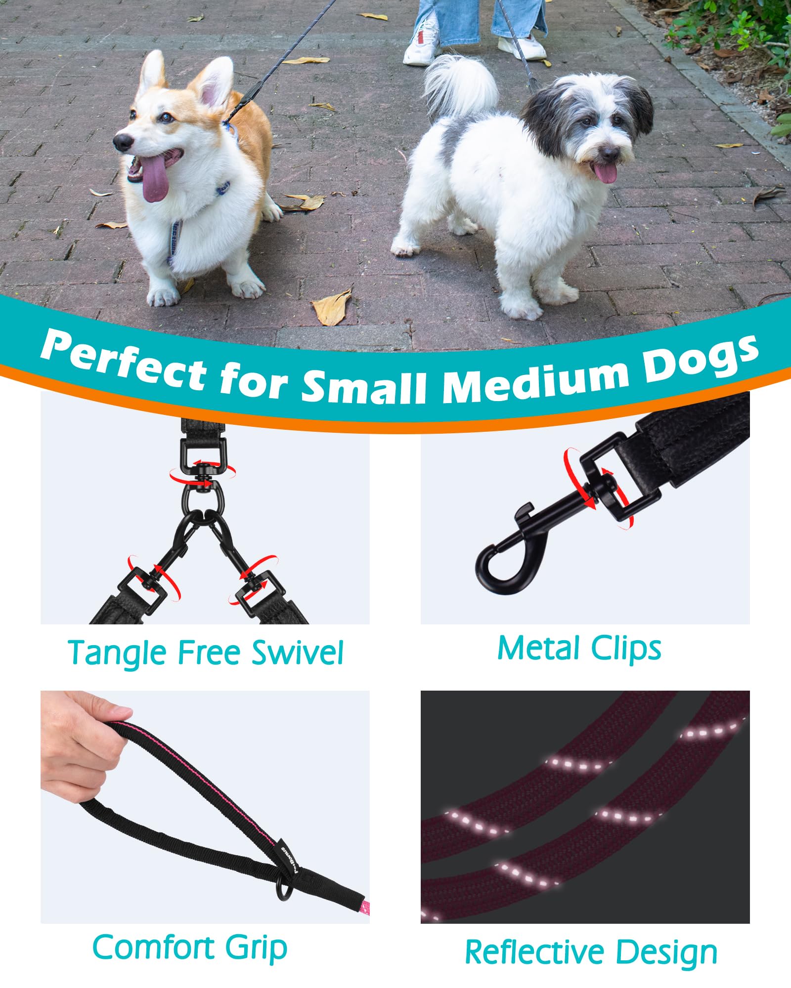 Petbonus Rope Double Dog Leash, No Tangle Dual Dog Leash, Reflective Walking Training Lead With Two Comfortable Padded Handles,