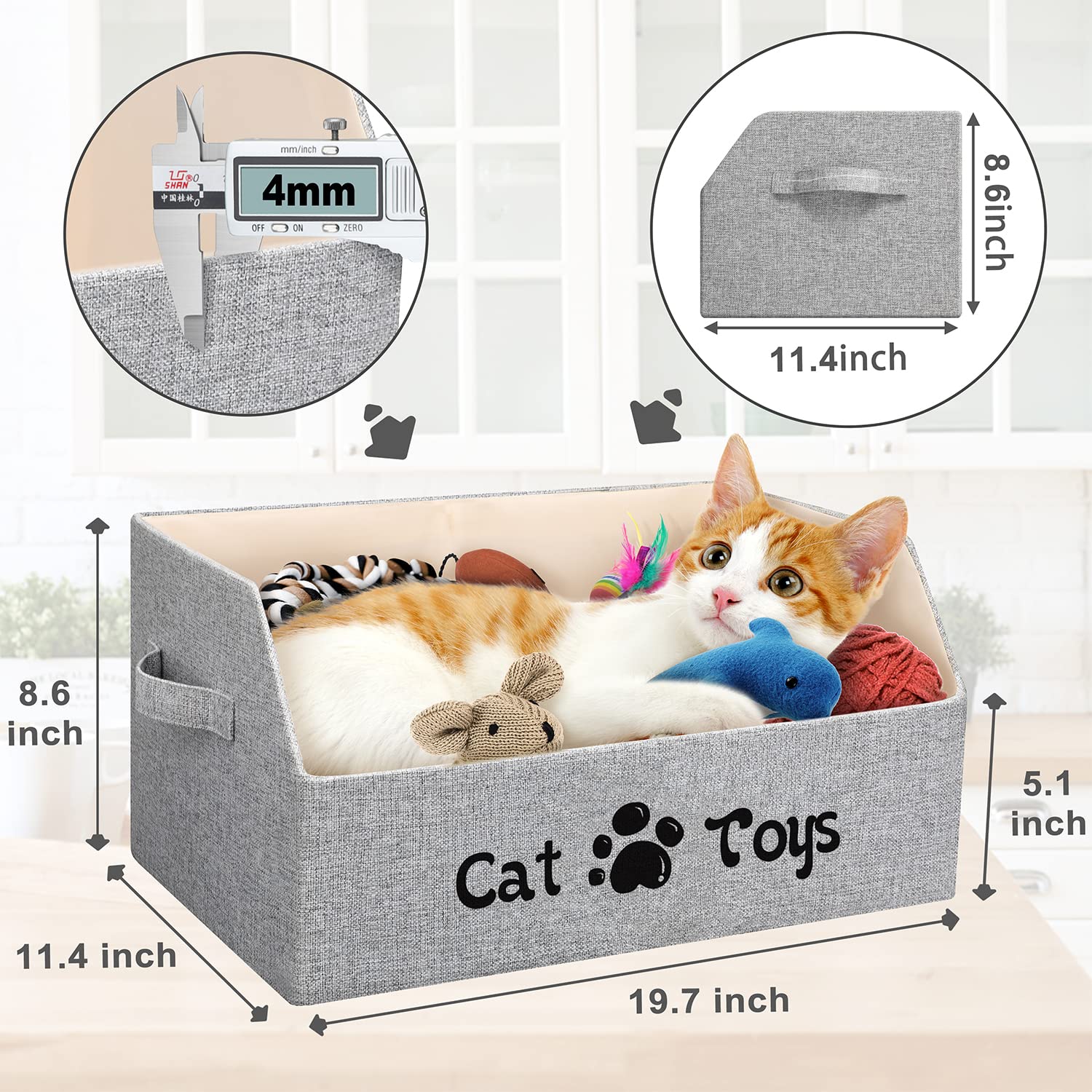 LOVSTORAGE Cat Toy Bin - 2X Thicker Collapsible Storage Basket, Grey, Cotton Linen & Cardboard, Model A17-11