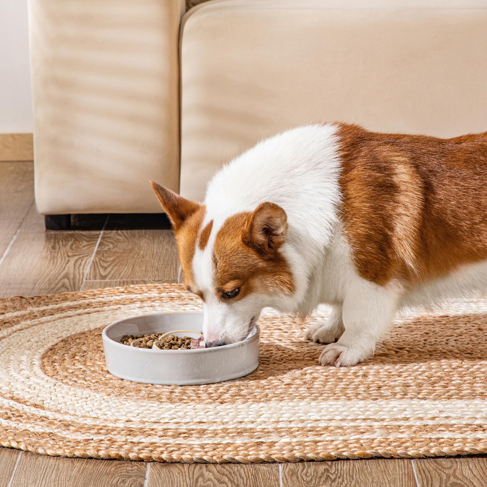 vancasso Slow Feeder Dog Bowl, 1.5 Cups Ceramic Slow Feeder for Medium Breed, Puzzle Maze Dog Food Bowl for Fast Eater, Light Gr