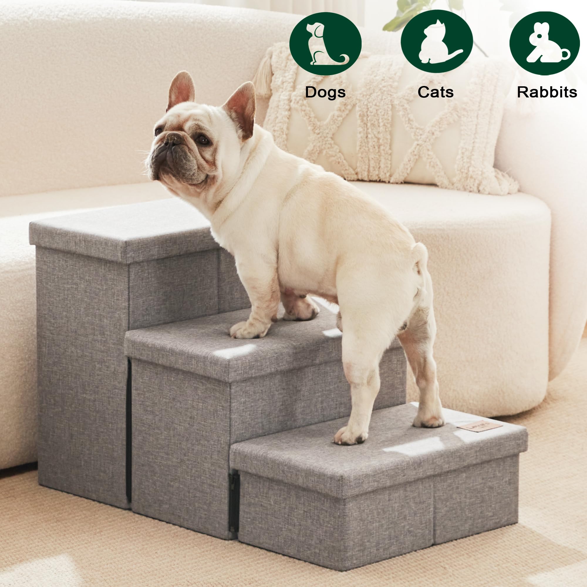 Love'S Cabin Dog Stairs For High Bed 18'H,Foldable Pet Stairs For Small Medium Or Large Dogs Puppy With Storage For Bed Or Couch, Cat Dog Steps Ramp With Zip Up To 210 Lbs(Solid Grey,3 Steps No Condo)