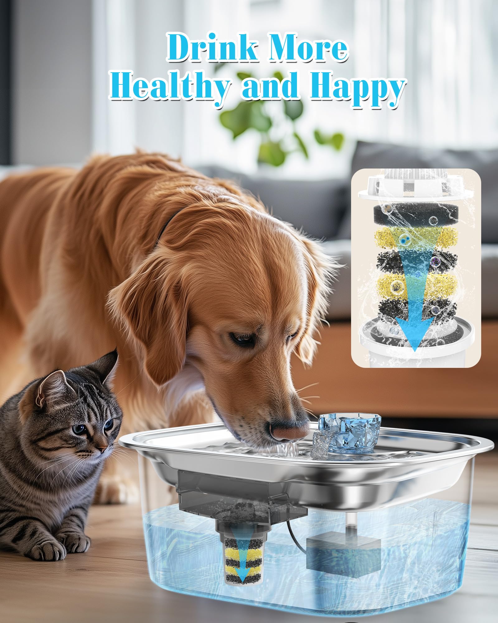 Lesotc 3 Galon Stainless Steel Dog Water Fountain For Large Dogs, Pet Water Fountain With 2 Filters, Automatic Dog Fountain Dog