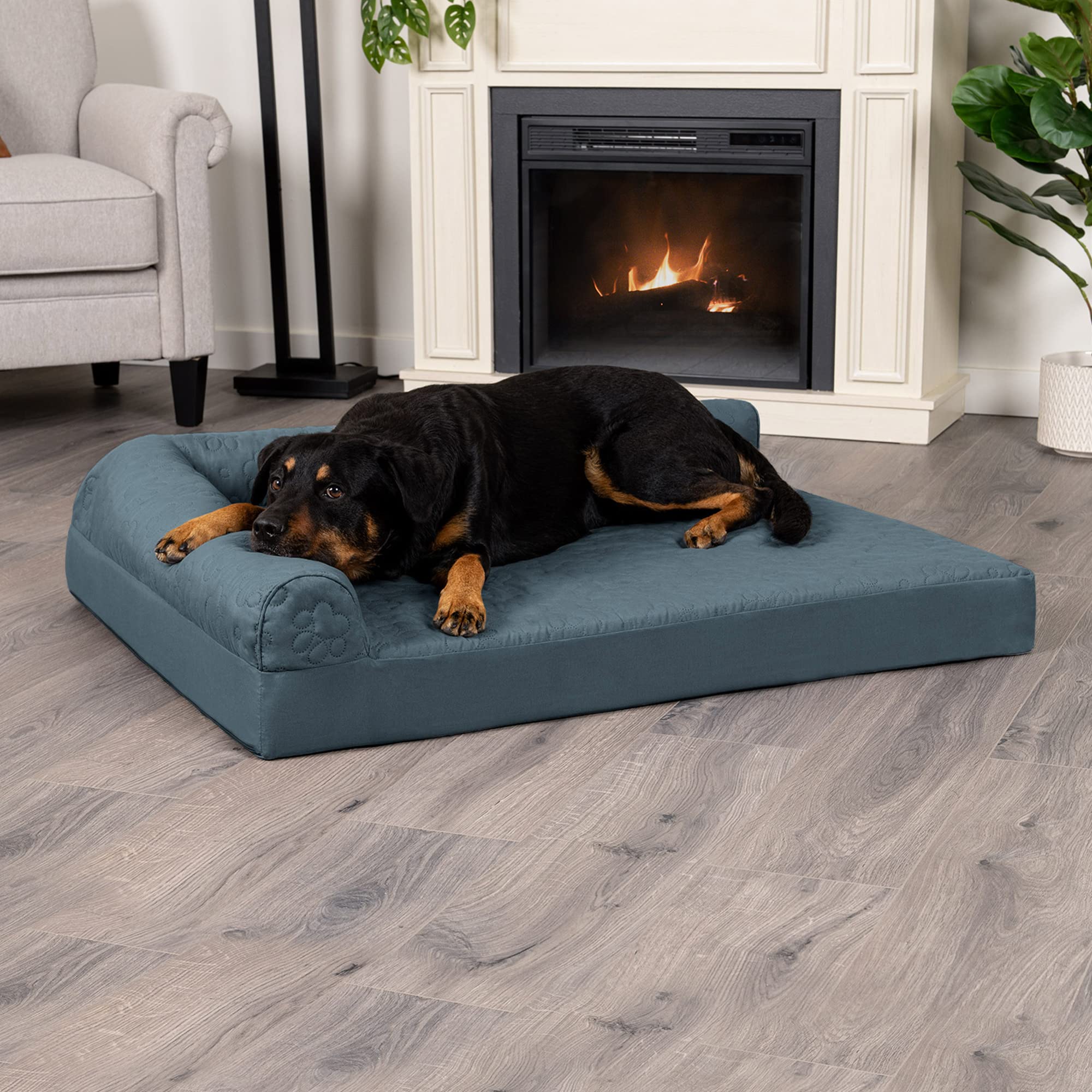 Furhaven Orthopedic Dog Bed For Large Dogs W/ Removable Bolsters & Washable Cover, For Dogs Up To 95 Lbs - Pinsonic Quilted Paw L Shaped Chaise - Bluestone, Jumbo/Xl