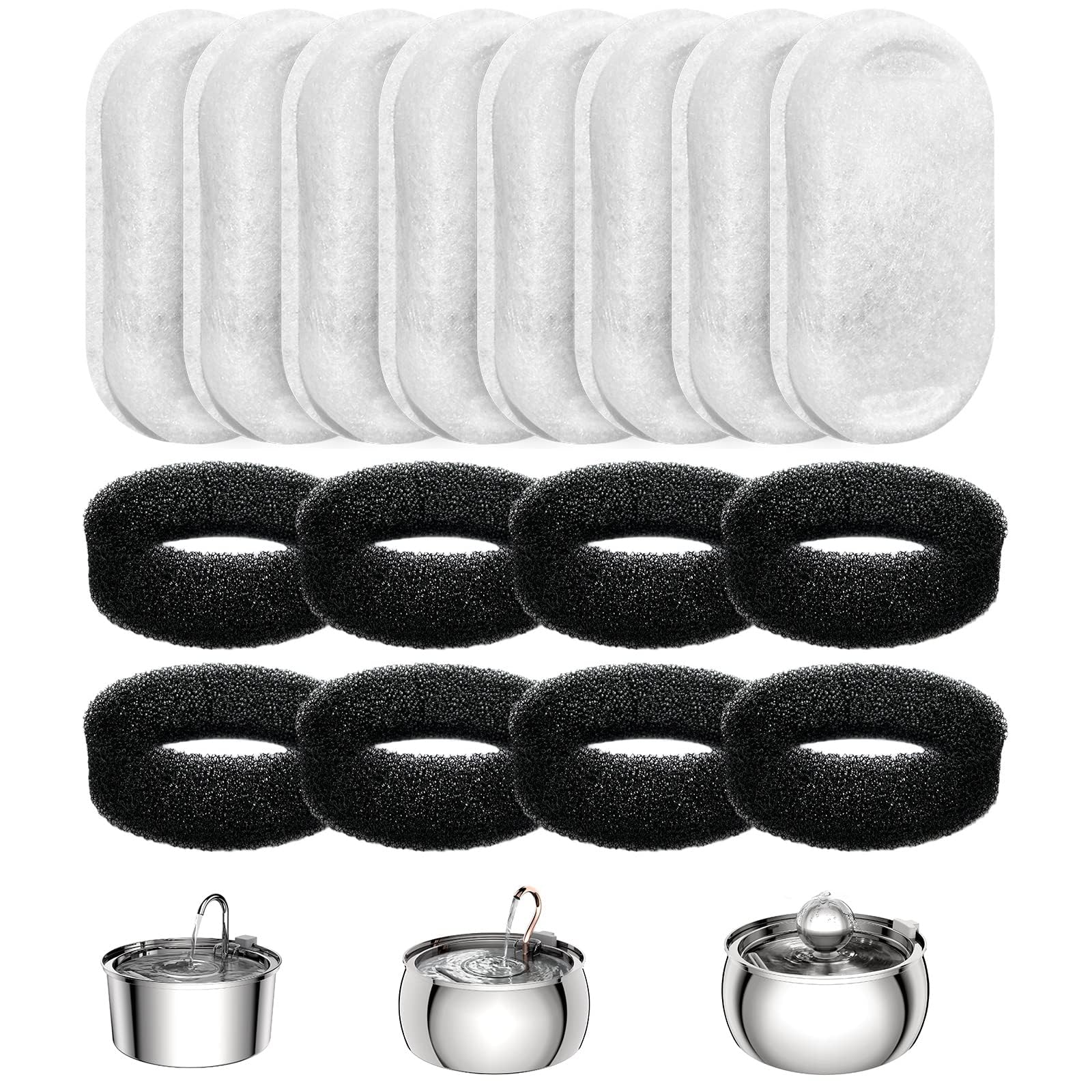 Official Replacement Filters For Tomxcute Cat Water Fountain 108Oz/3.2L And 135Oz/4.0L, 8 Pack Filters & 8 Sponges Foam Filter