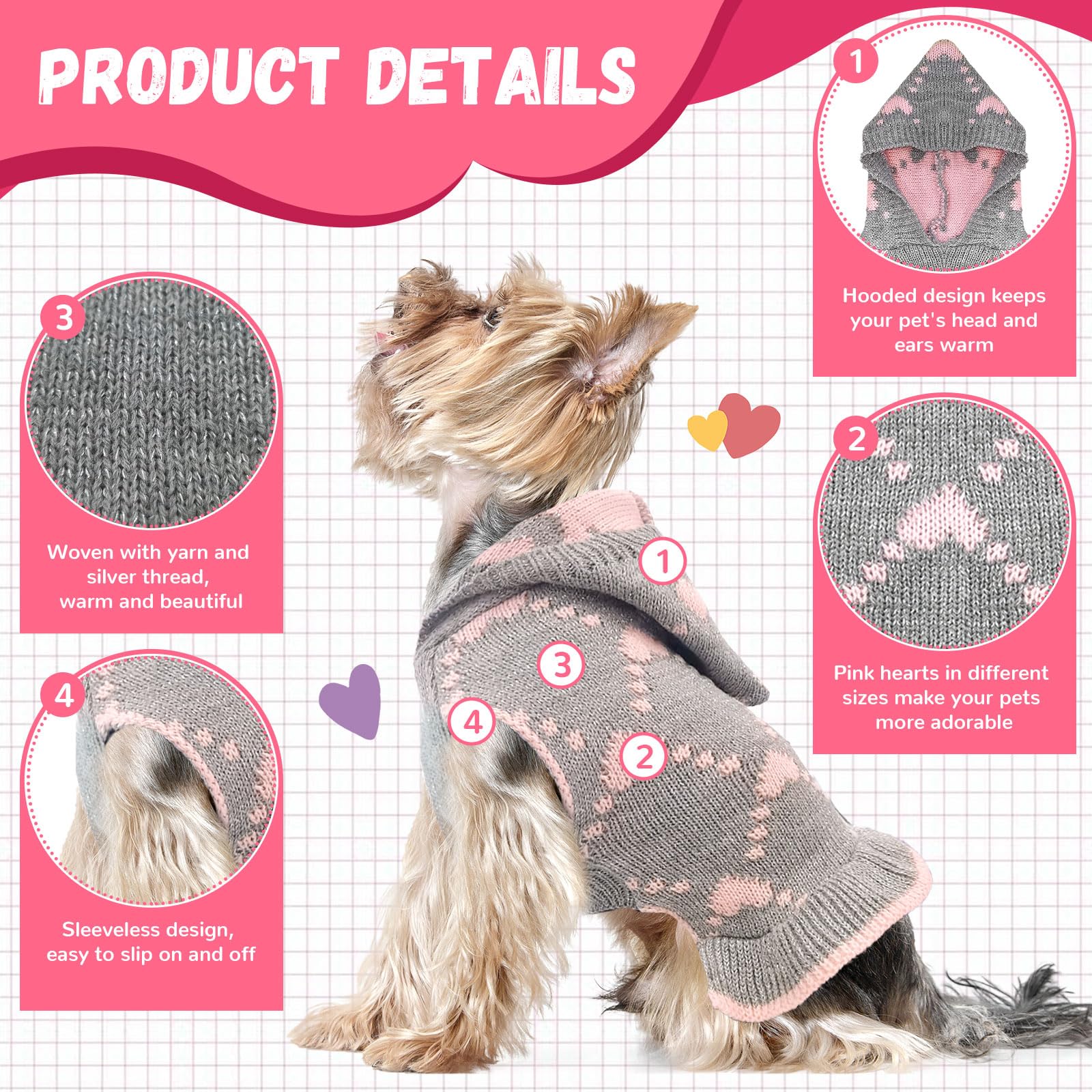 HRTTSY Cute Dog Sweater Soft Warm Fall Winter Dogs Sweater Dress Female Dog Cat Clothes with Leash Hole Pink Hearts Hooded Puppy