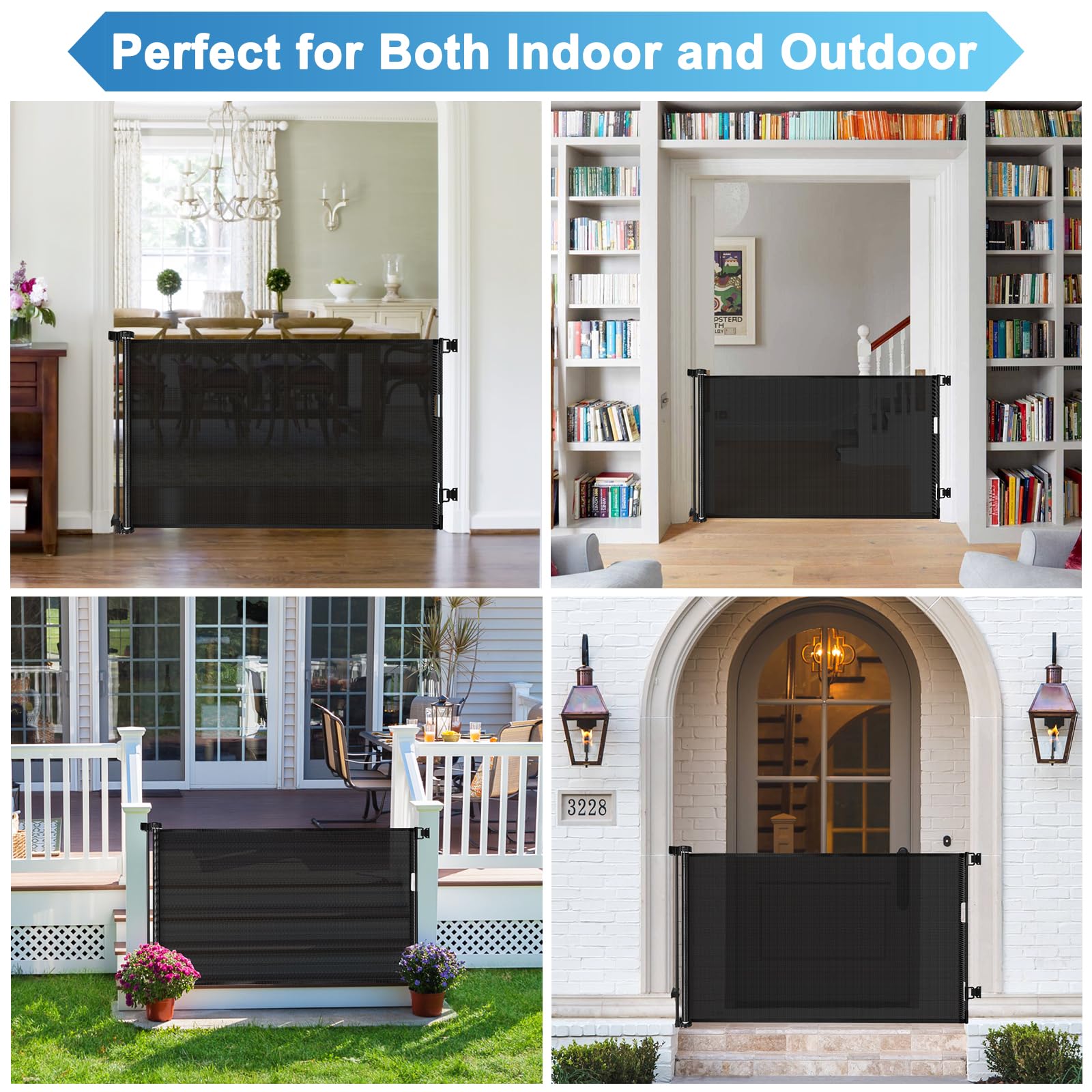KISKIZ Retractable Baby Gate, 55" Wide Mesh Dog Gate for Stairs, Black, 33" Tall, Model TB-A741147