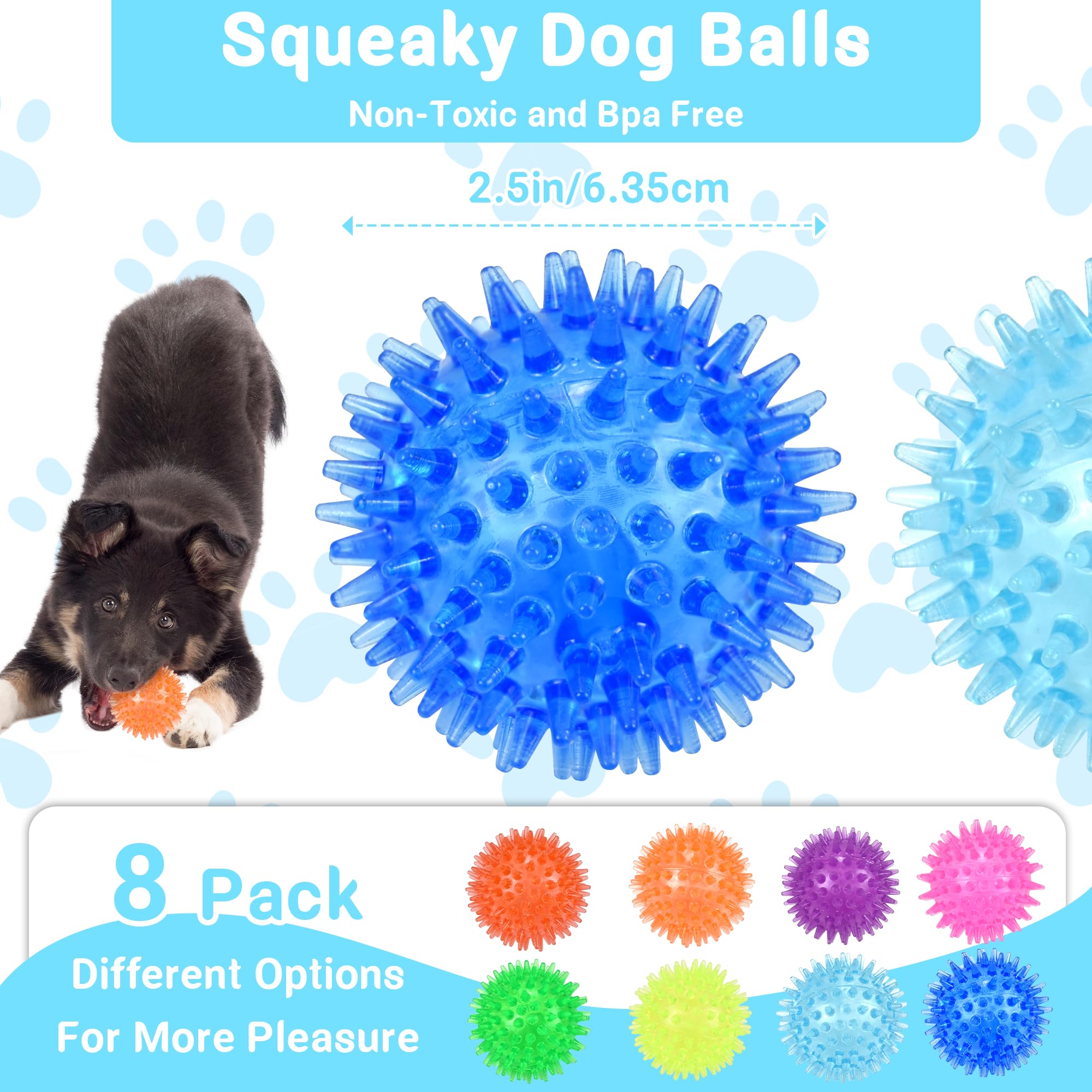 Ousiya 2.5    Dog Balls (8 Colors) Squeaky Dog Toy Balls for Small Medium Dogs, Puppy Chew Toys Balls for Teething, Spiky Dog Ba