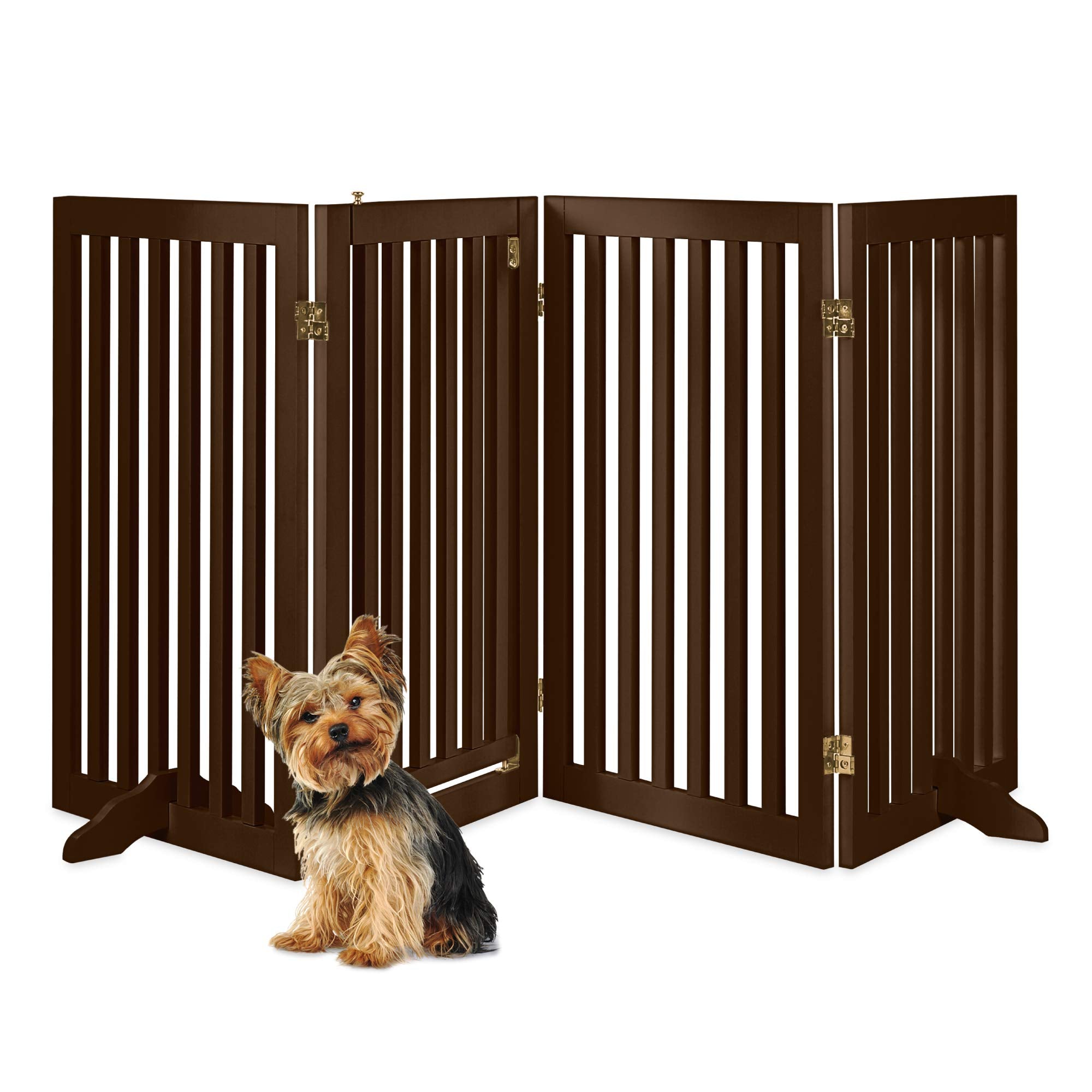 Best Choice Products 31.5In 4-Panel Freestanding Wooden Pet Gate W/Walk Through Door, Adjustable Pen, Support Feet - Espresso