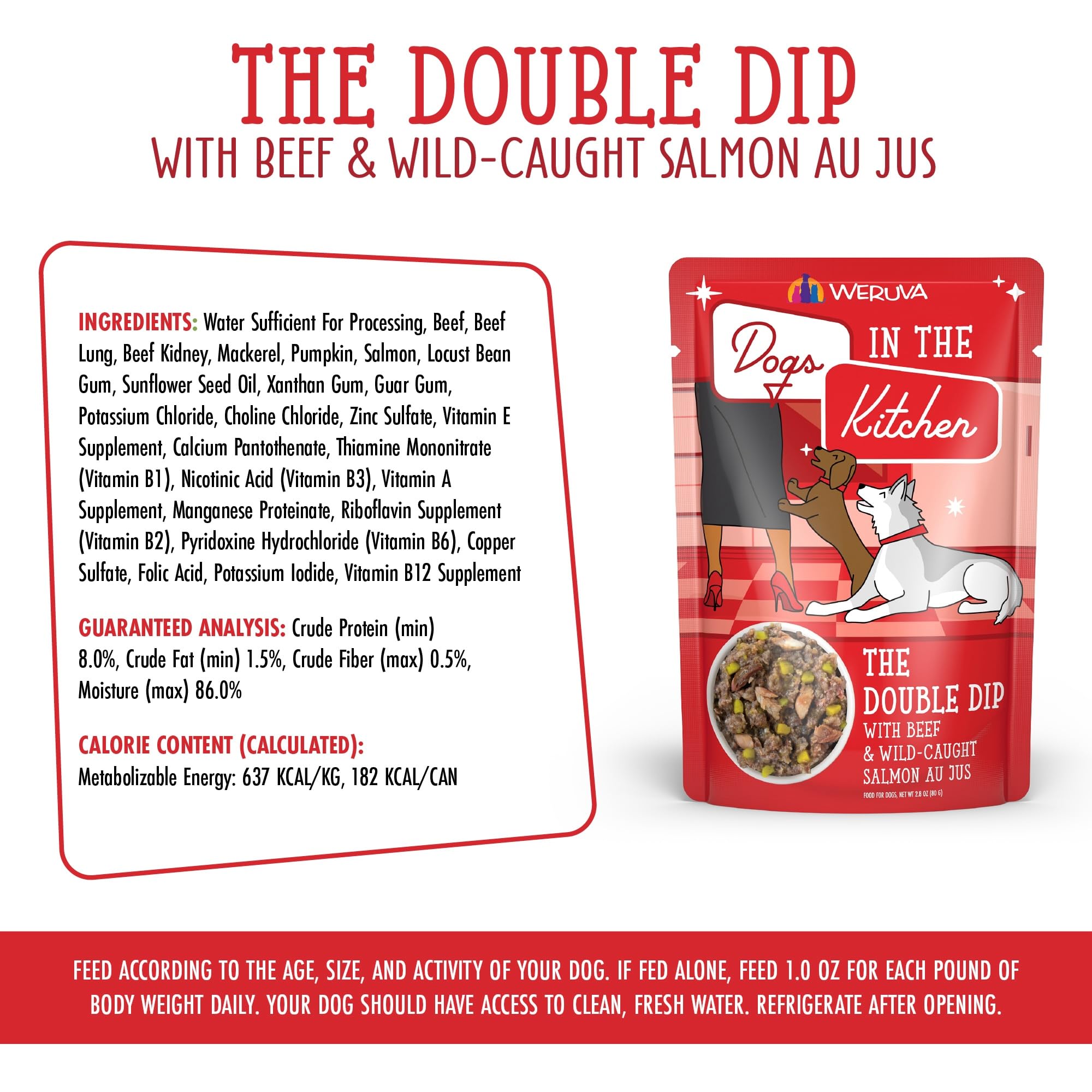 Weruva Dogs in The Kitchen, The Double Dip with Beef & Wild-Caught Salmon Au Jus Dog Food, 2.8oz Pouch (Pack of 12), Red