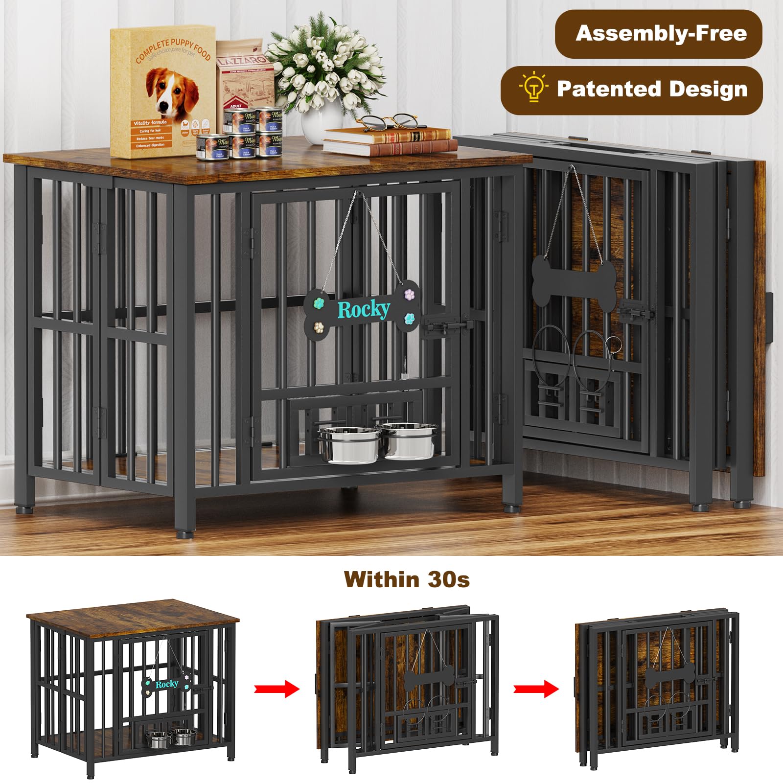Easycom 31 Dog Crate Furniture Foldable, No Assembly Decorative Dog Kennel Indoor, Dog Crates for Medium Dogs(20-40 lb), Wooden