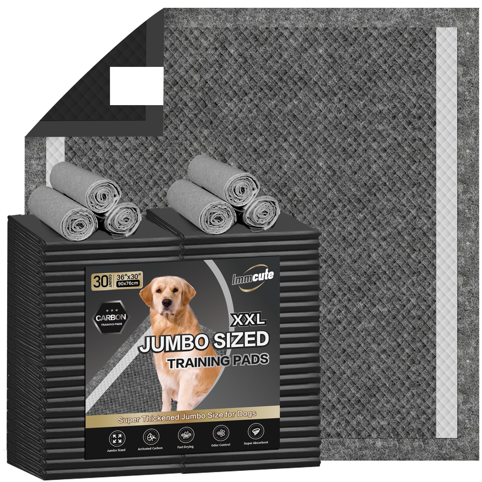 IMMCUTE Dog Pee Pads Extra Large 30X36, 30 Count, Charcoal Puppy Pads, Absorbent Pads & Fast Drying Potty Pads for Dogs with Adh