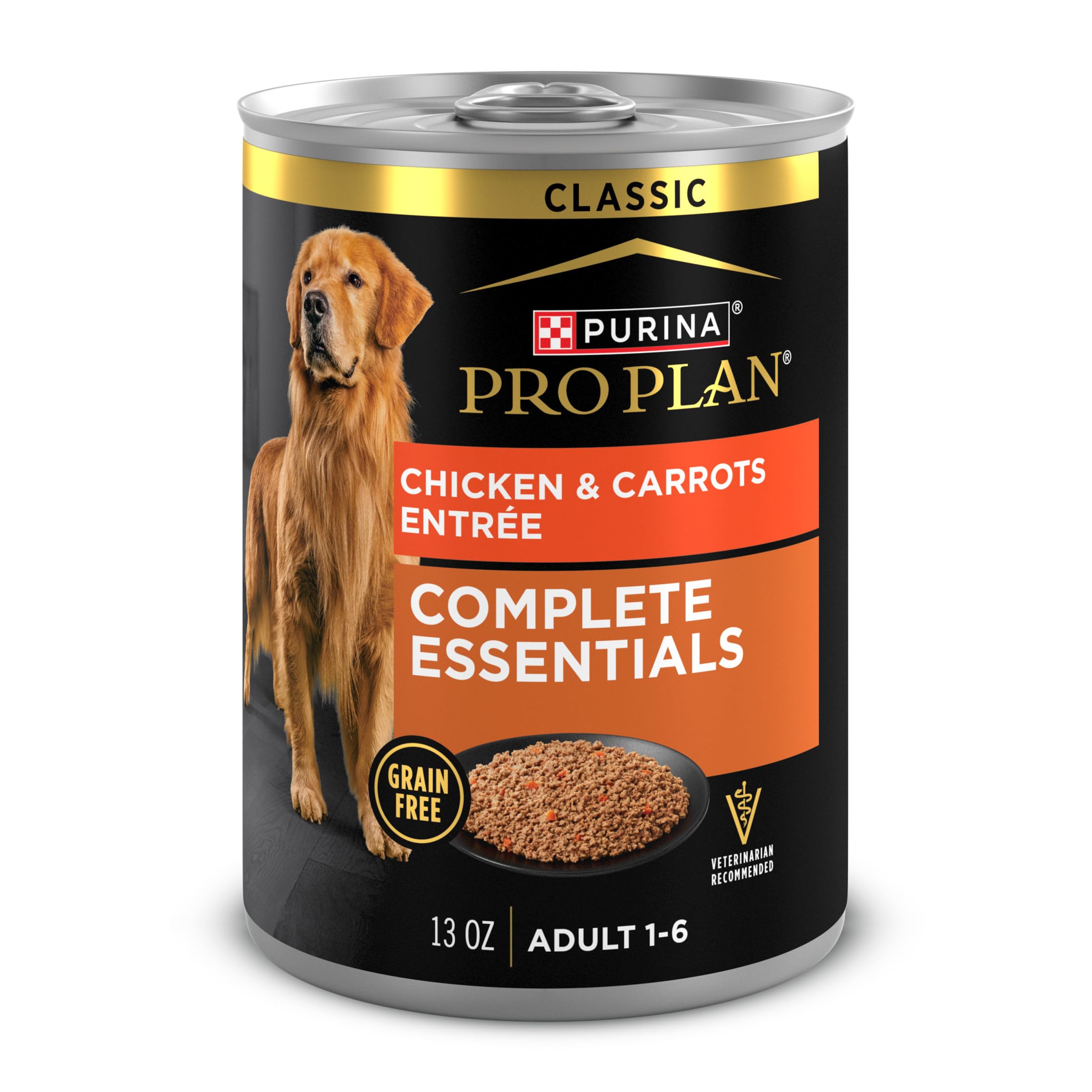 Purina Pro Plan Grain Free Complete Essentials Classic Pate Dog Food, Chicken and Carrots Entr  e - (Pack of 12) 13 oz. Cans