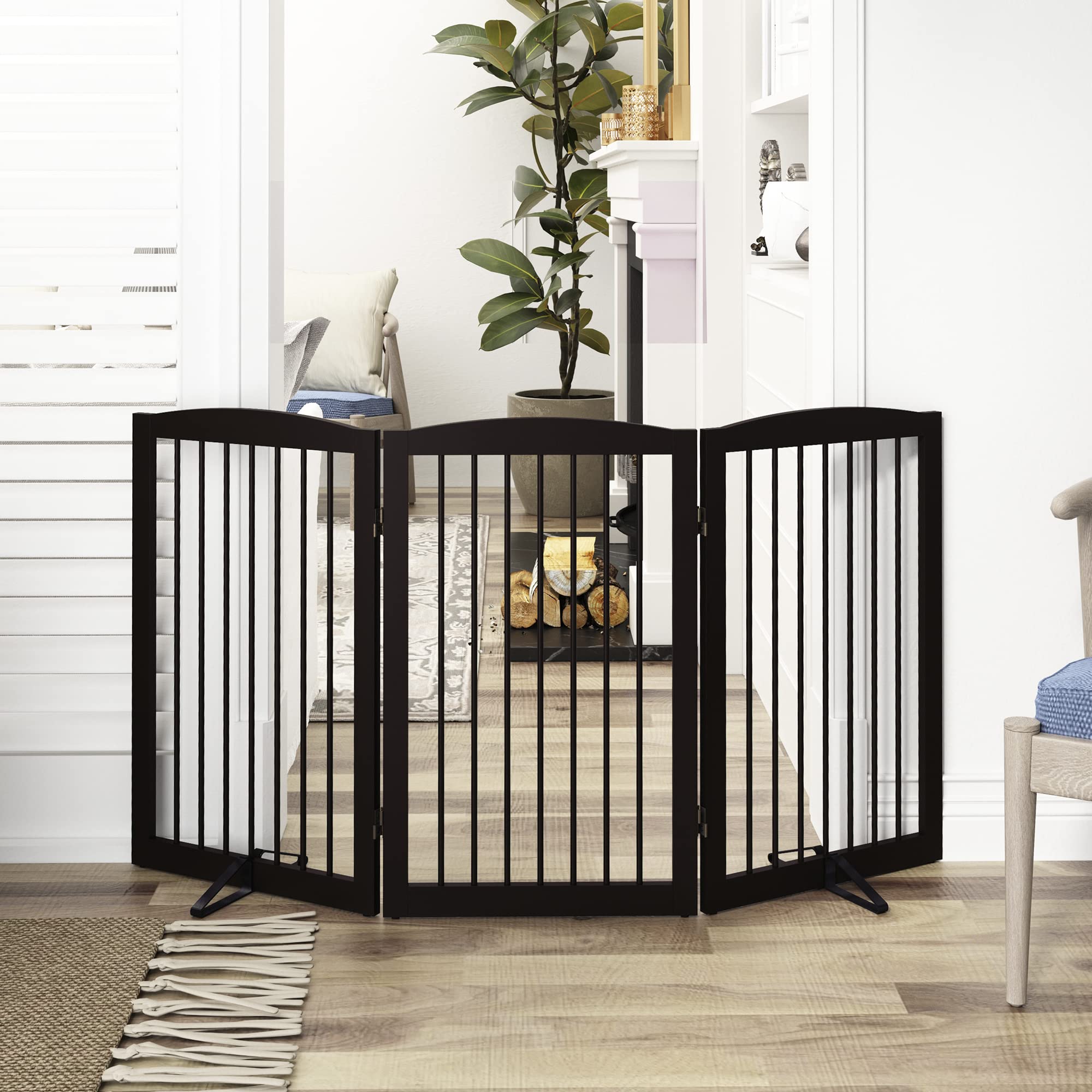 Pupetpo Freestanding Pet Gate For Dogs, Foldable Wooden Dog Gate For House Indoor, Tall Dog Gate For Stair, Doorway,Hall, Step Over Pet Puppy Safety Fence, 3 Panels 32'',Brown