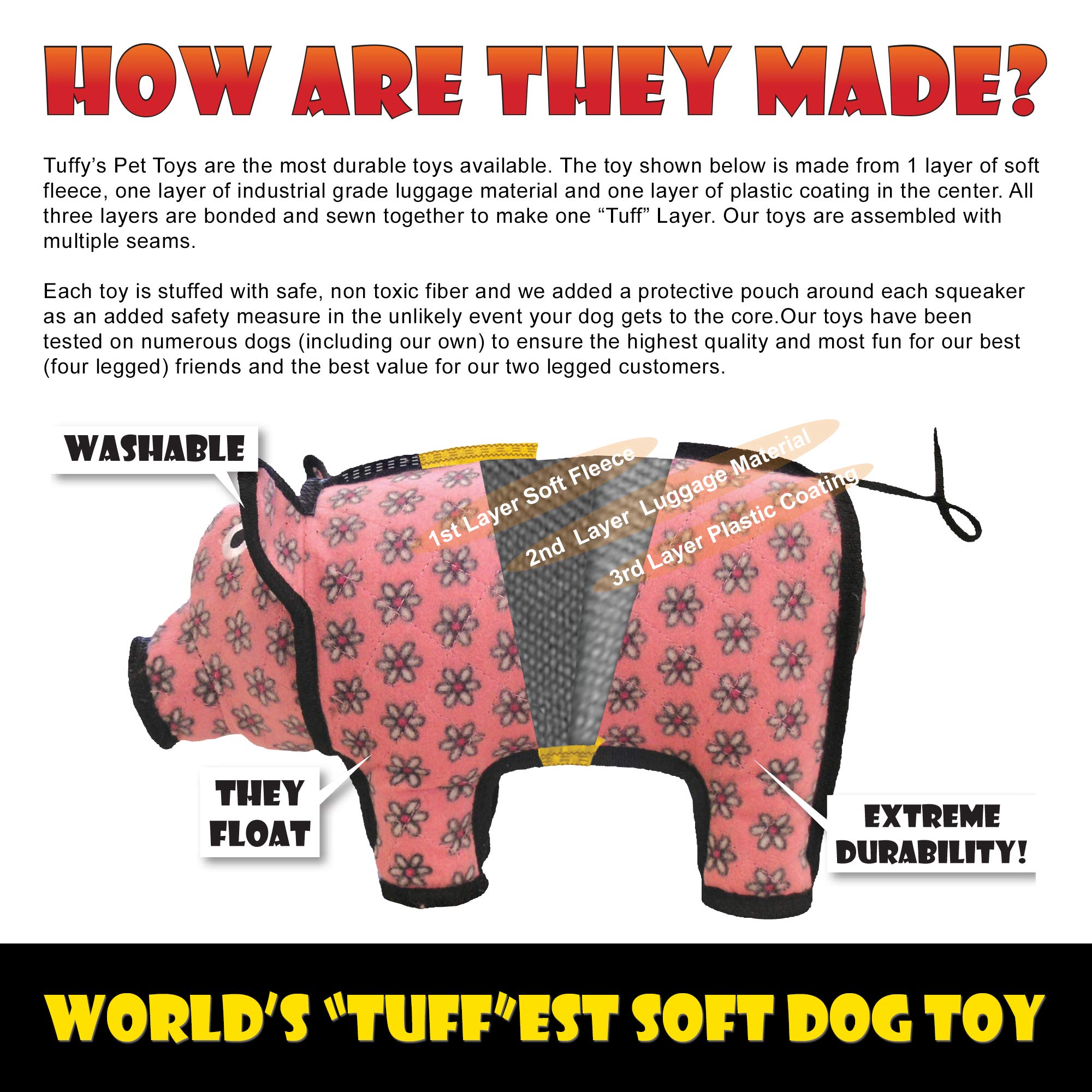 TUFFY - World's Tuffest Soft Dog Toy - MEGA Ring Brick- Squeakers -Multiple Layers. Made Durable, Strong & Tough. Interactive Pl