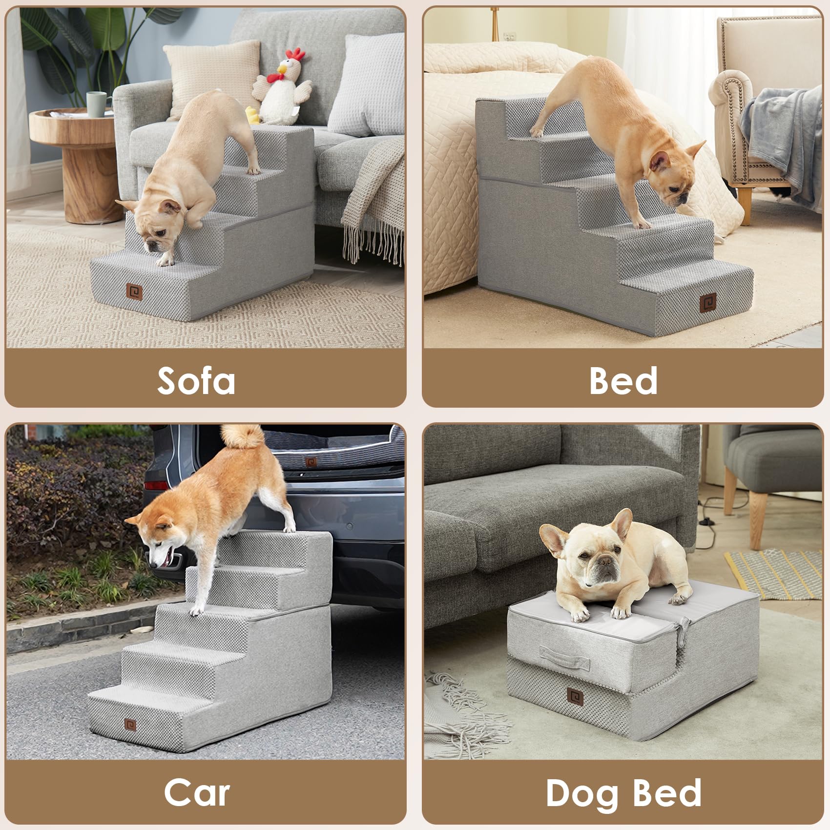 Eheyciga Dog Stairs For Small Dogs 13.5' H, 3-Step Dog Steps For Couch Sofa And Chair, Pet Steps For Small Dogs And Cats, Non-Slip Balanced Dog Indoor Ramp, Light Grey