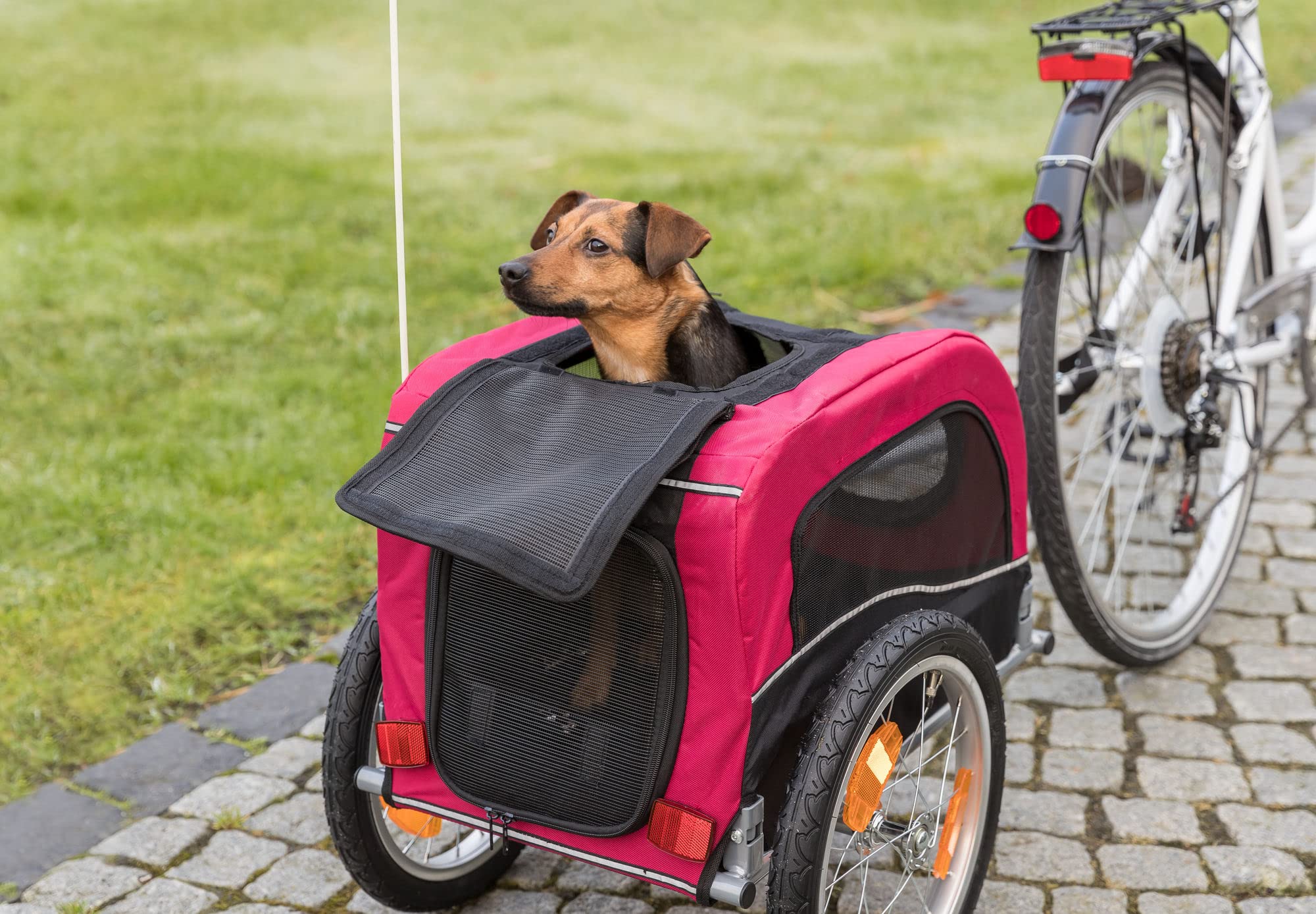 Trixie Dog Trailer For Bicycles, Dog Bike Trailer For Small Dogs Up To 33 Lbs, Quick Set-Up And Fold Down, Red