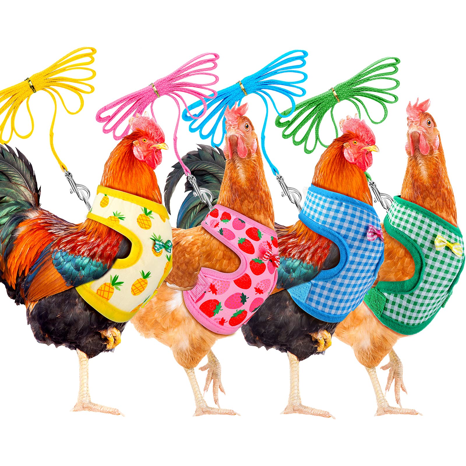 4 Pieces Adjustable Chicken Harness with Leash Elastic Comfortable Small Size Hen Vest with Matching Belt Breathable Fruit Print