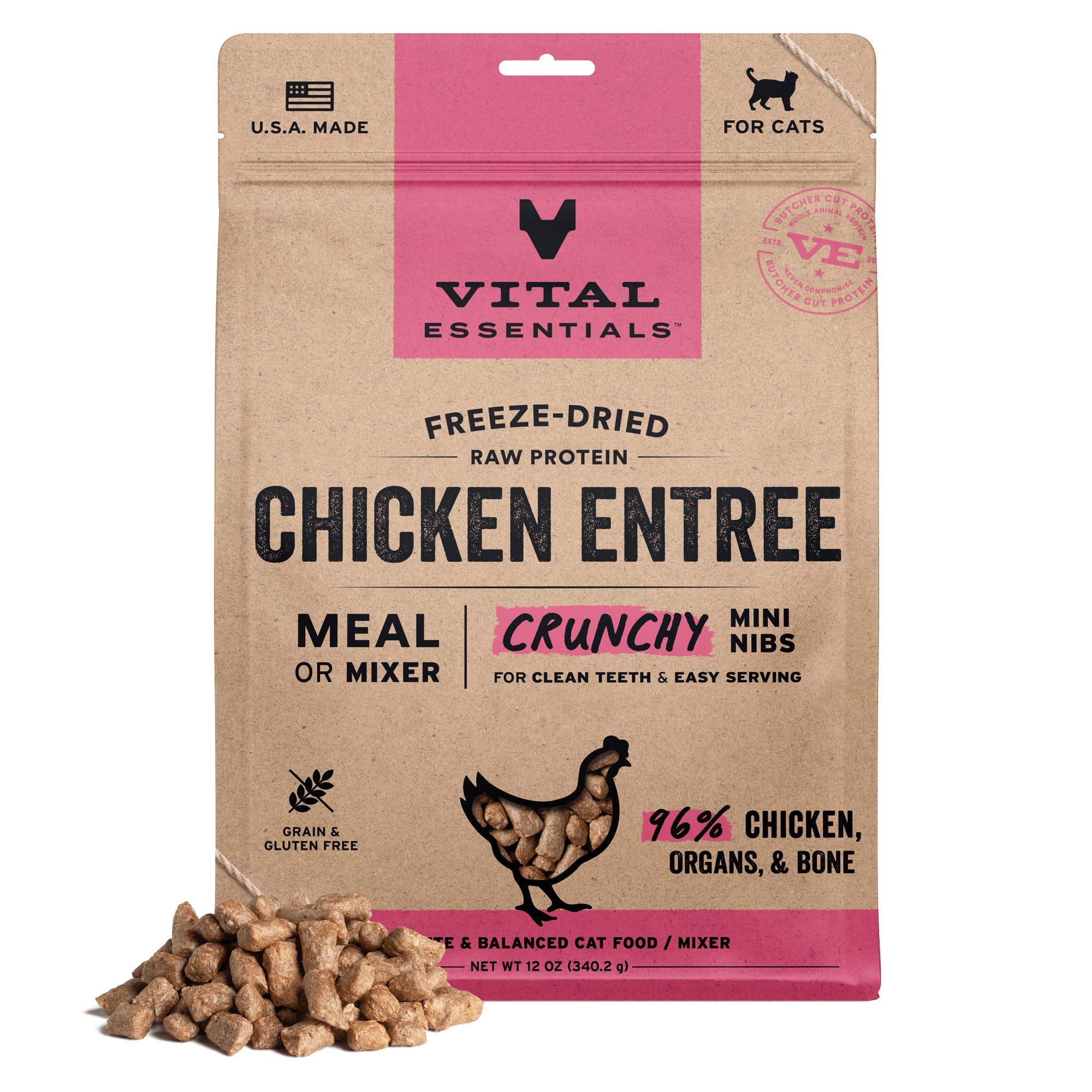 Vital Essentials Freeze-Dried Raw Chicken Meal or Mixer Cat Food Crunchy Nibs, 12 oz