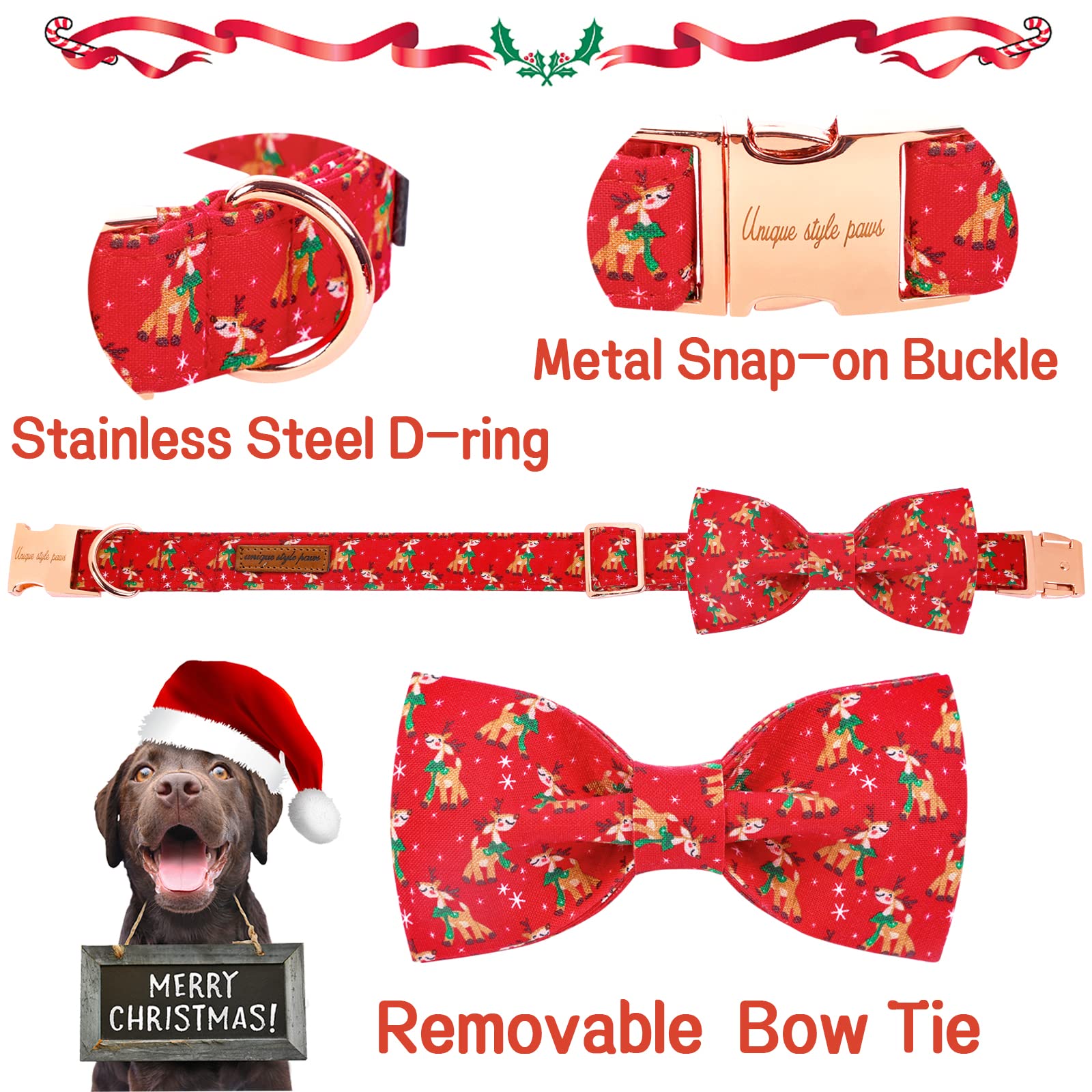 Unique Style Paws Christmas Dog Collar With Bow Tie Red Elk Cotton Collar Adjustable Puppy Collar For Small Medium Large Dogs-Xs
