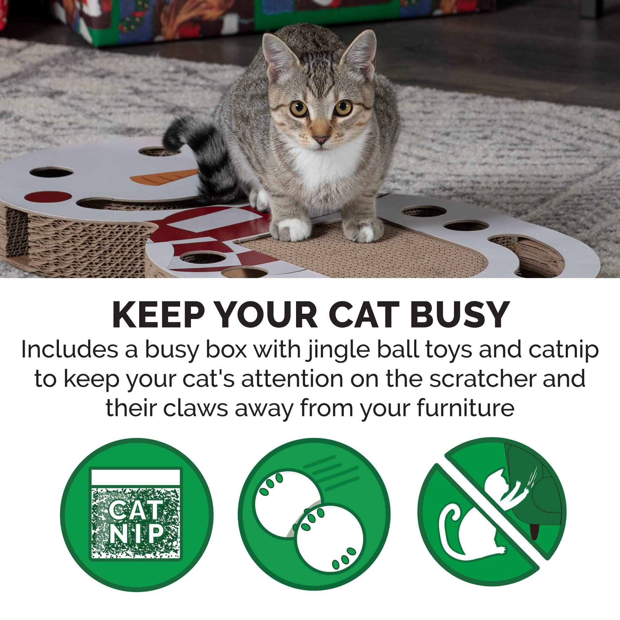 Furhaven Scratching Pad Ball Track Cat Toy W/ Catnip For Indoor Cats - Giant Snow Man Holiday Corrugated Busy Box Scratcher - White, One Size
