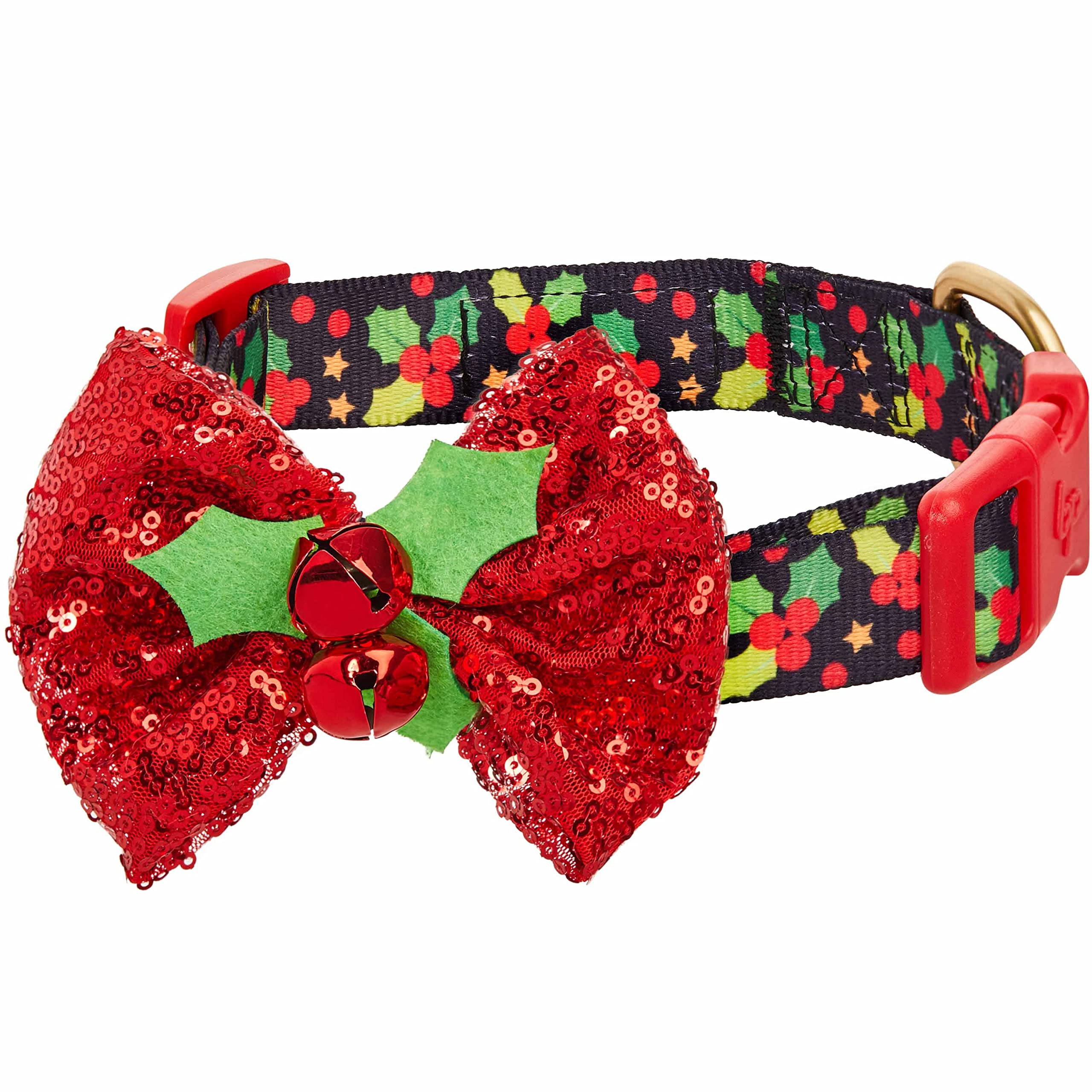 Blueberry Pet Christmas Holly Dog Collar With Bowtie D  Cor, Adjustable Pet Collar For Medium Dogs, 14.5''-20'' Neck, Holiday Do