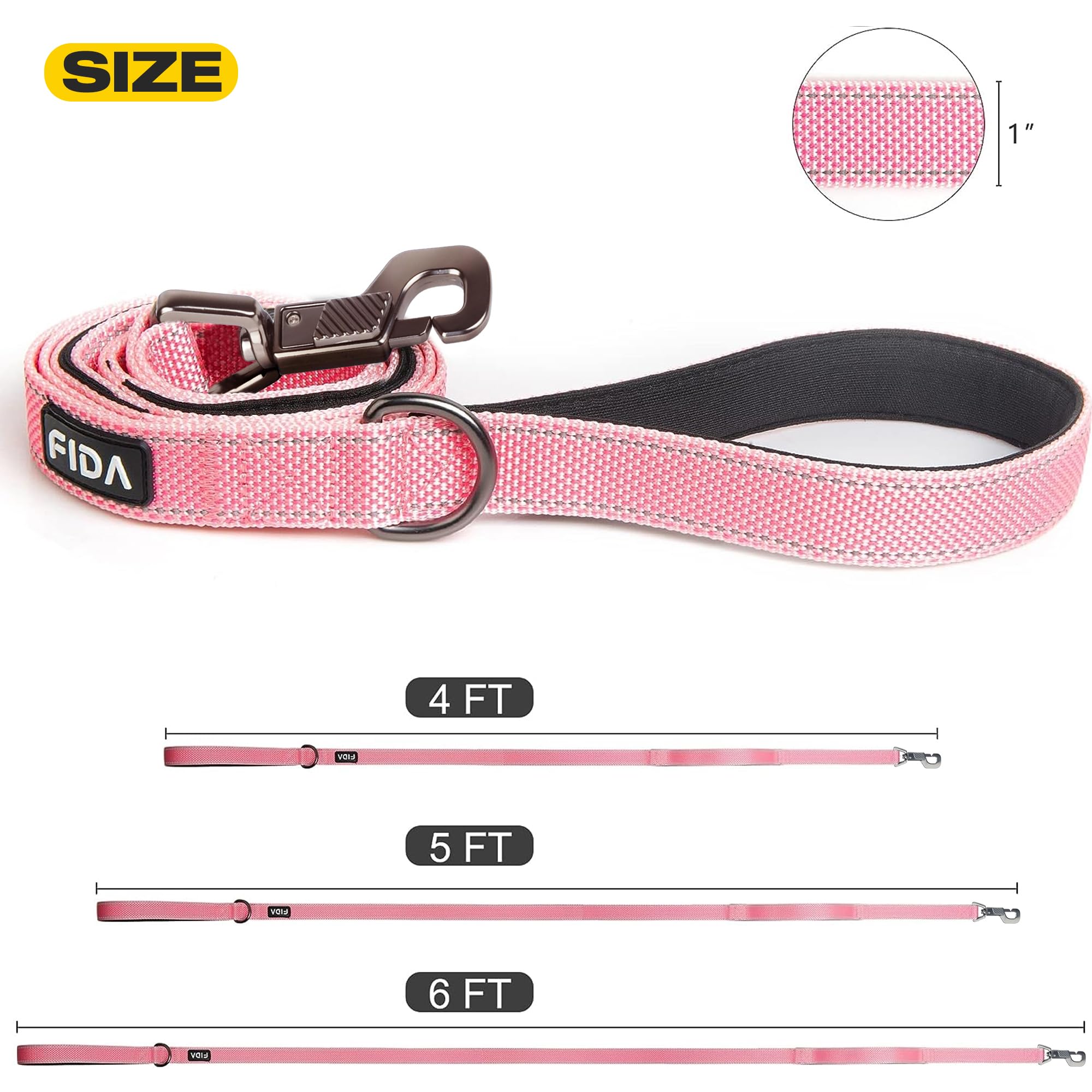 Fida 5 Ft Heavy Duty Dog Leash With 2 Comfortable Padded Handles, Traffic Handle & Advanced Easy Snap Hook, Reflective Walking Lead For Large, Medium & Small Breed Dogs, Pink